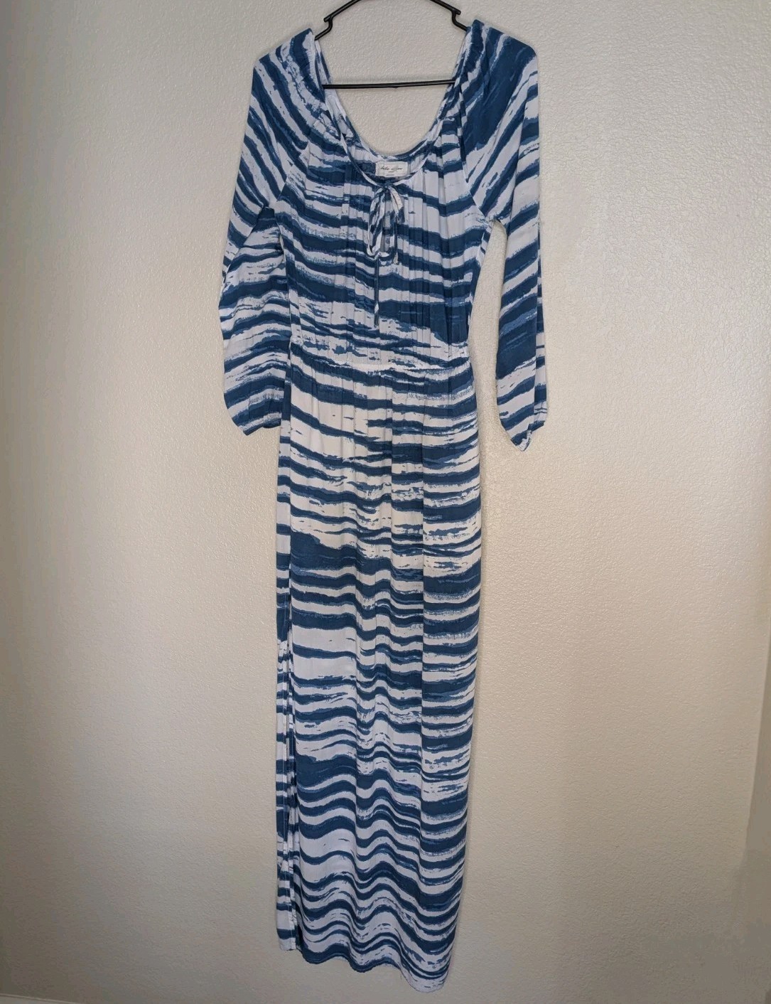 Retro Simone Maxi Dress M Blue & White Tie-Dye Boho Beach Cover-Up 100% Rayon