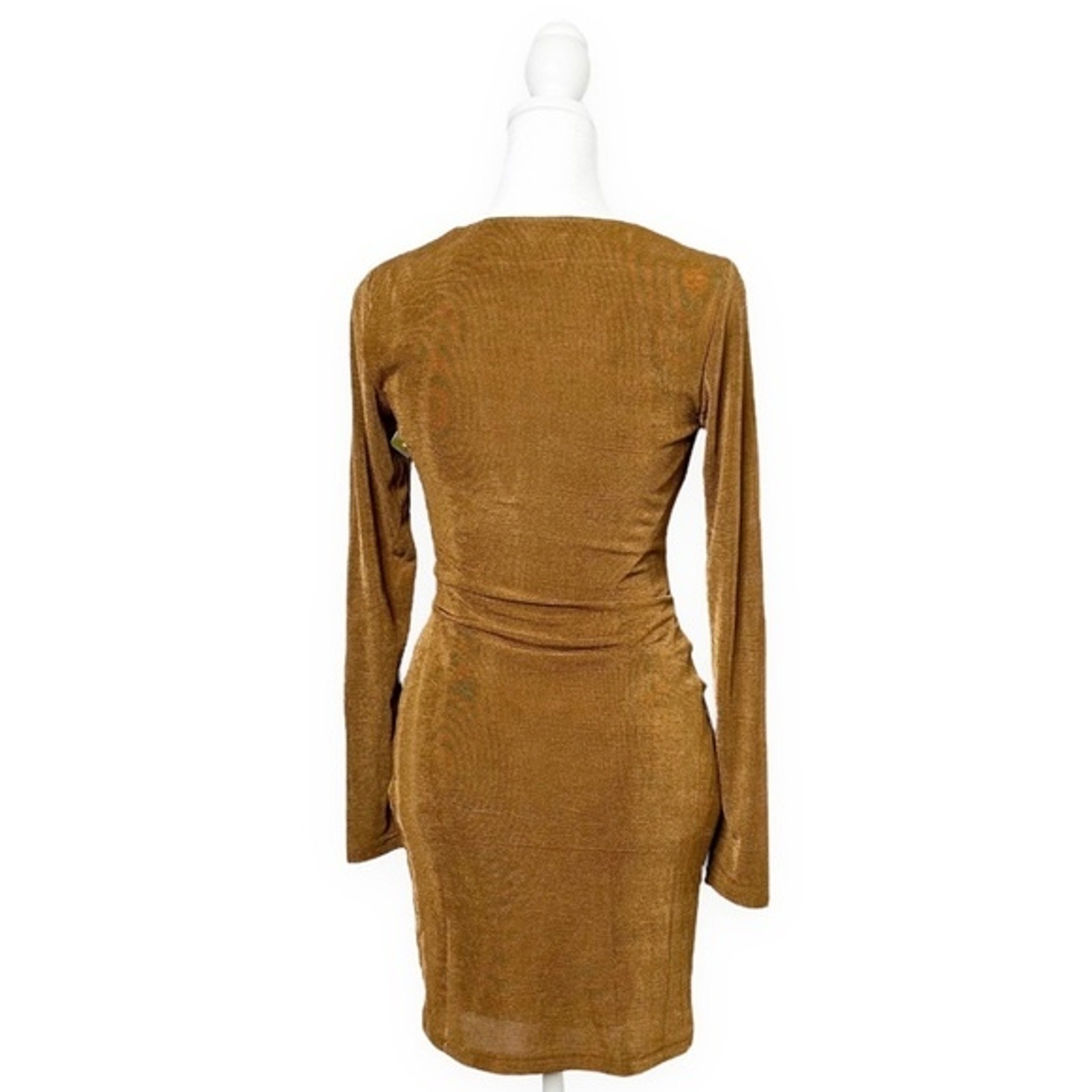 Significant Other Gold Ruched Long Sleeve V Neck Bodycon Mini Dress AU 6 US 2