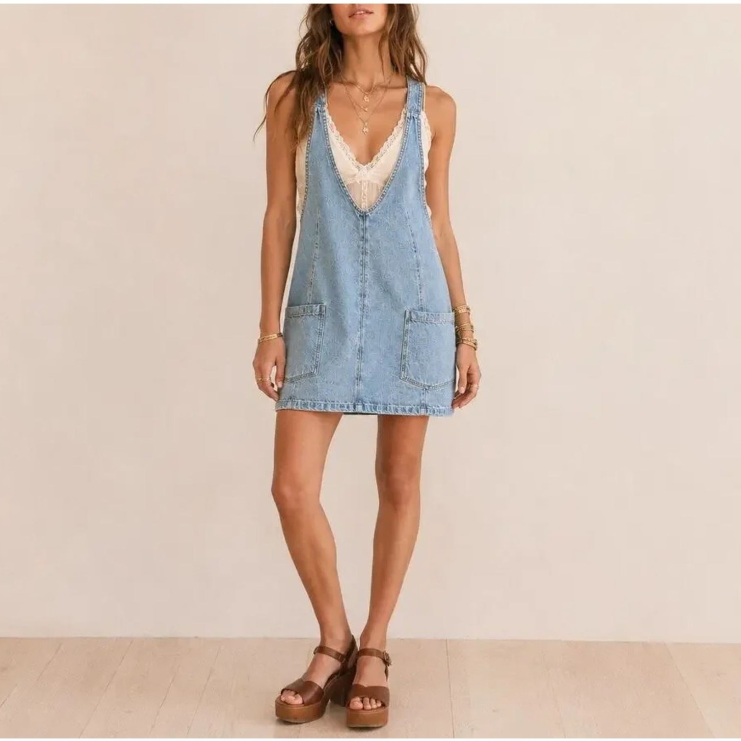 Free People High Roller Skirtall Medium Denim Overall Mini Dress Western Boho