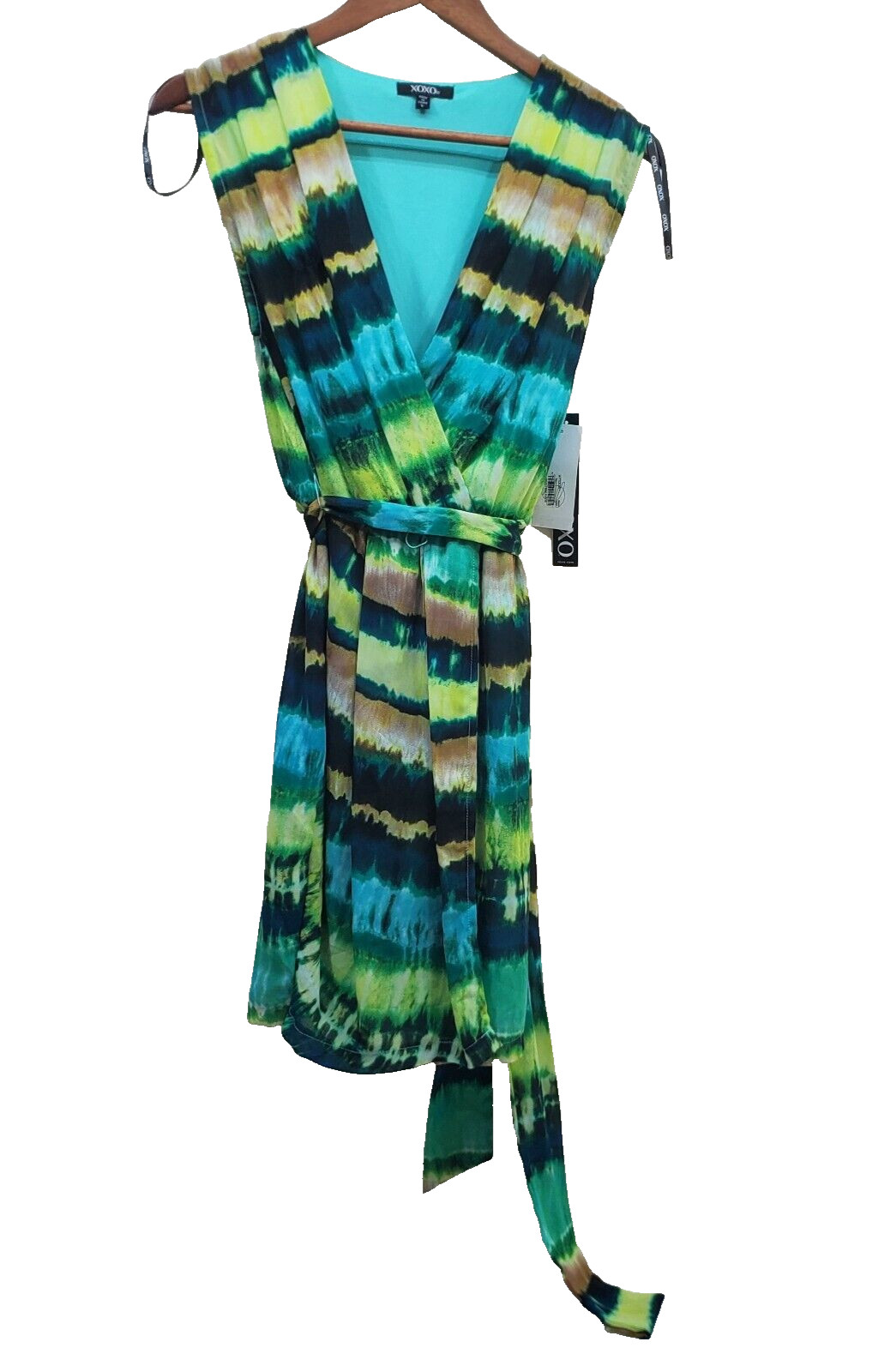 NWT XOXO Lined Dress Tie Die Spring Summer Print Green Turquoise Blue Women L
