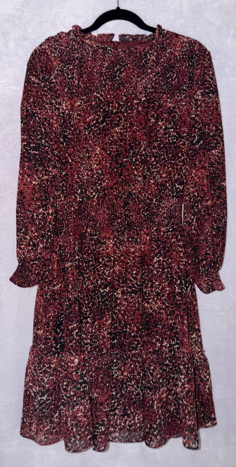 Taylor Women’s Maroon Print Long Sleeve Chiffon Smocked Waist Dress Size 14 Boho