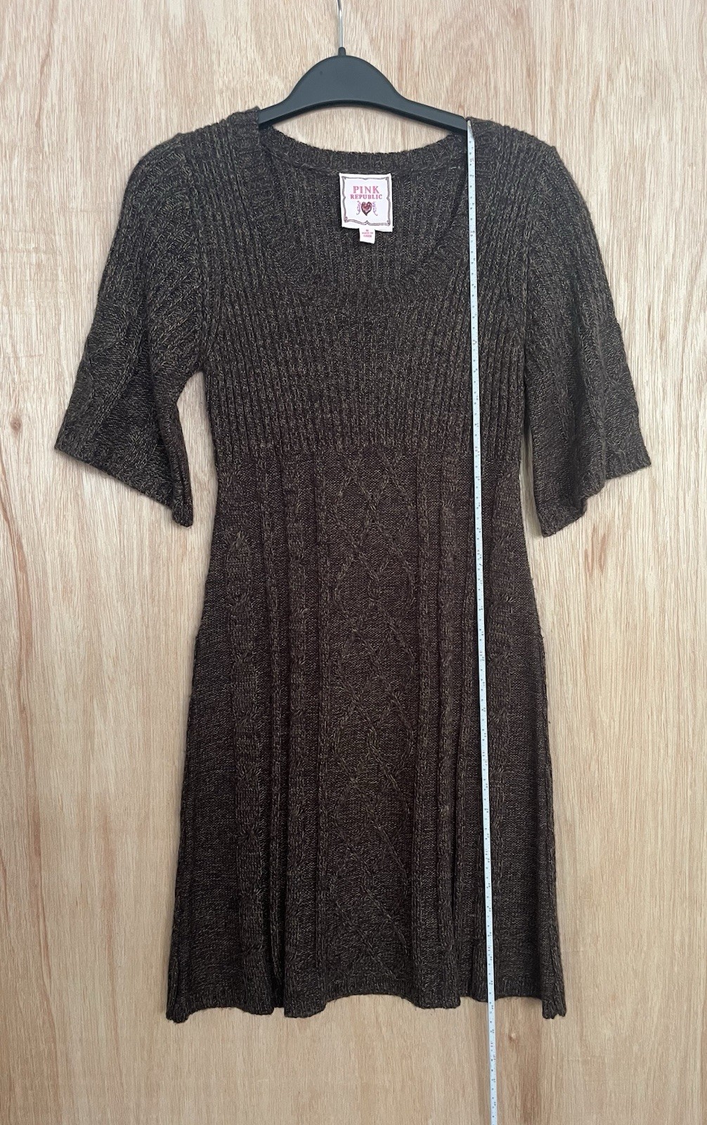 Pink Republic Brown Knit Sweater Bodycon Dress Bell Sleeve Rib Cable Size S Y2K