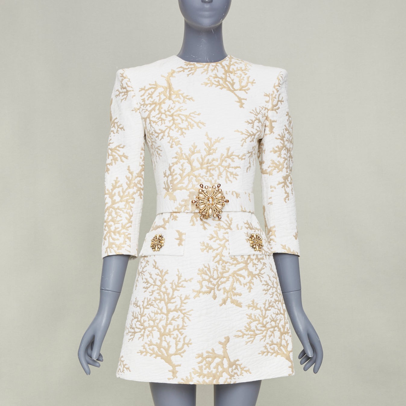 ANDREW GN 2022 Runway Coral Jacquard white gold belted cocktail dress FR34 XXS