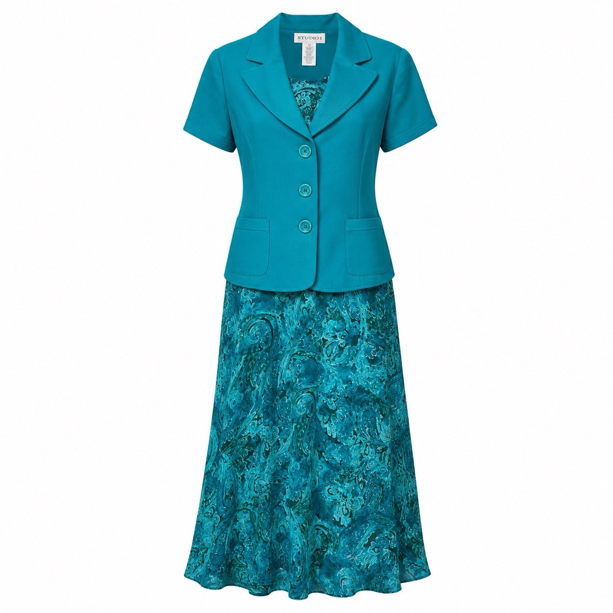 Studio I 2 Pc Dress Jacket Set Size 12 Teal Paisley Maxi Dress Formal