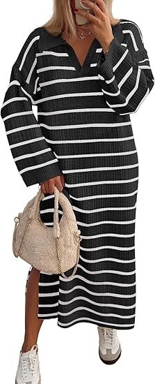 MEROKEETY Women’s Striped Knit Maxi Sweater Dress Collared V-Neck Slit Fall