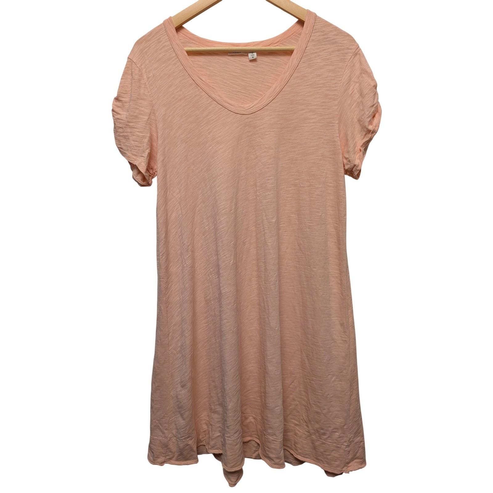 WILT Ruched Sleeve Trapeze Tee Dress Salmon Pink Size Medium Cotton Made in USA