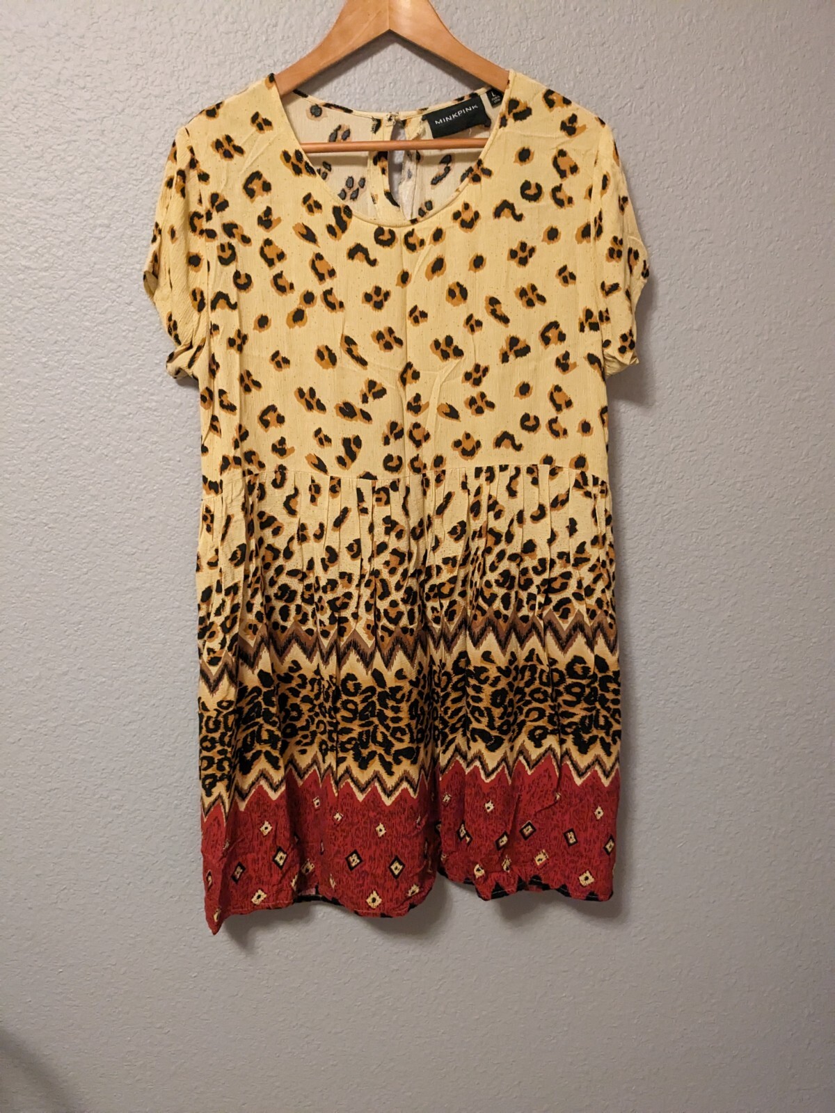 MinkPink Wild Things Mini Leopard Cheetah Boho Babydoll Dress Sz L