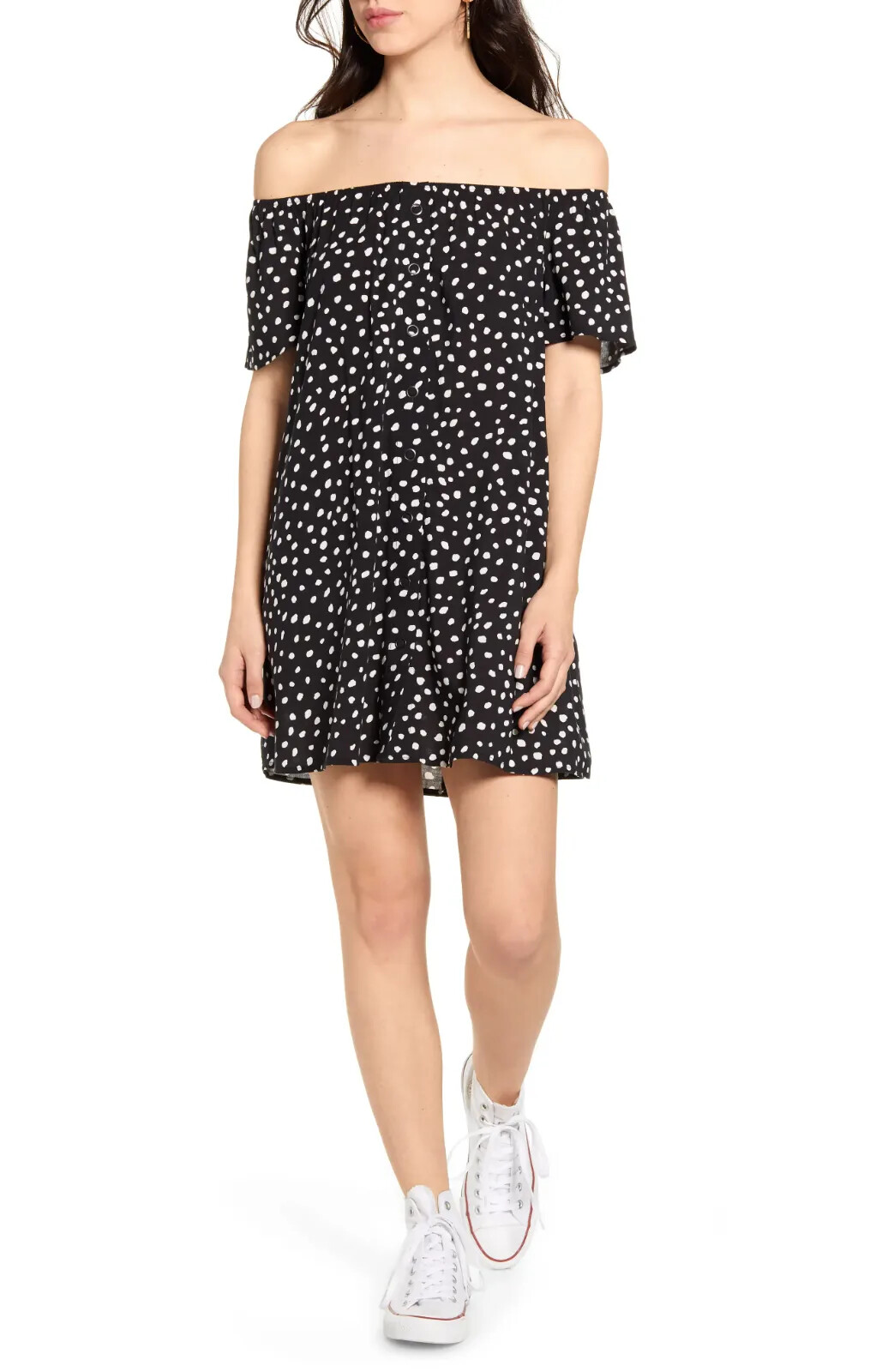 Women’s Lira Clothing Spot On Off The Shoulder Shift Dress, Size Medium – Black