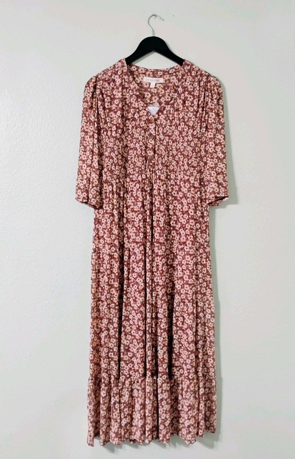 New Tag$59.99 sz Large Cactus+Pearl Dress Western Brown Floral Boho Midi Length