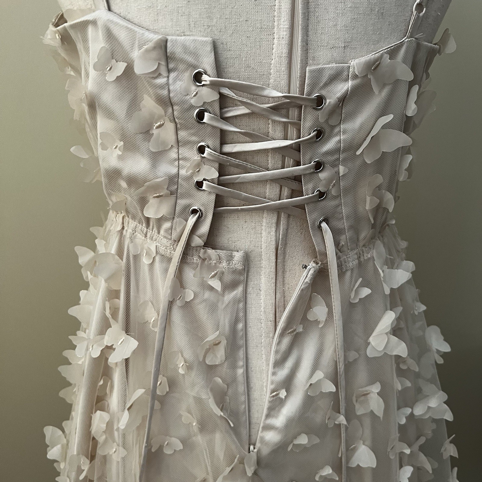 Butterfly Applique Lace Up Corset Midi Dress Cream Romantic Sz L Off White Tulle
