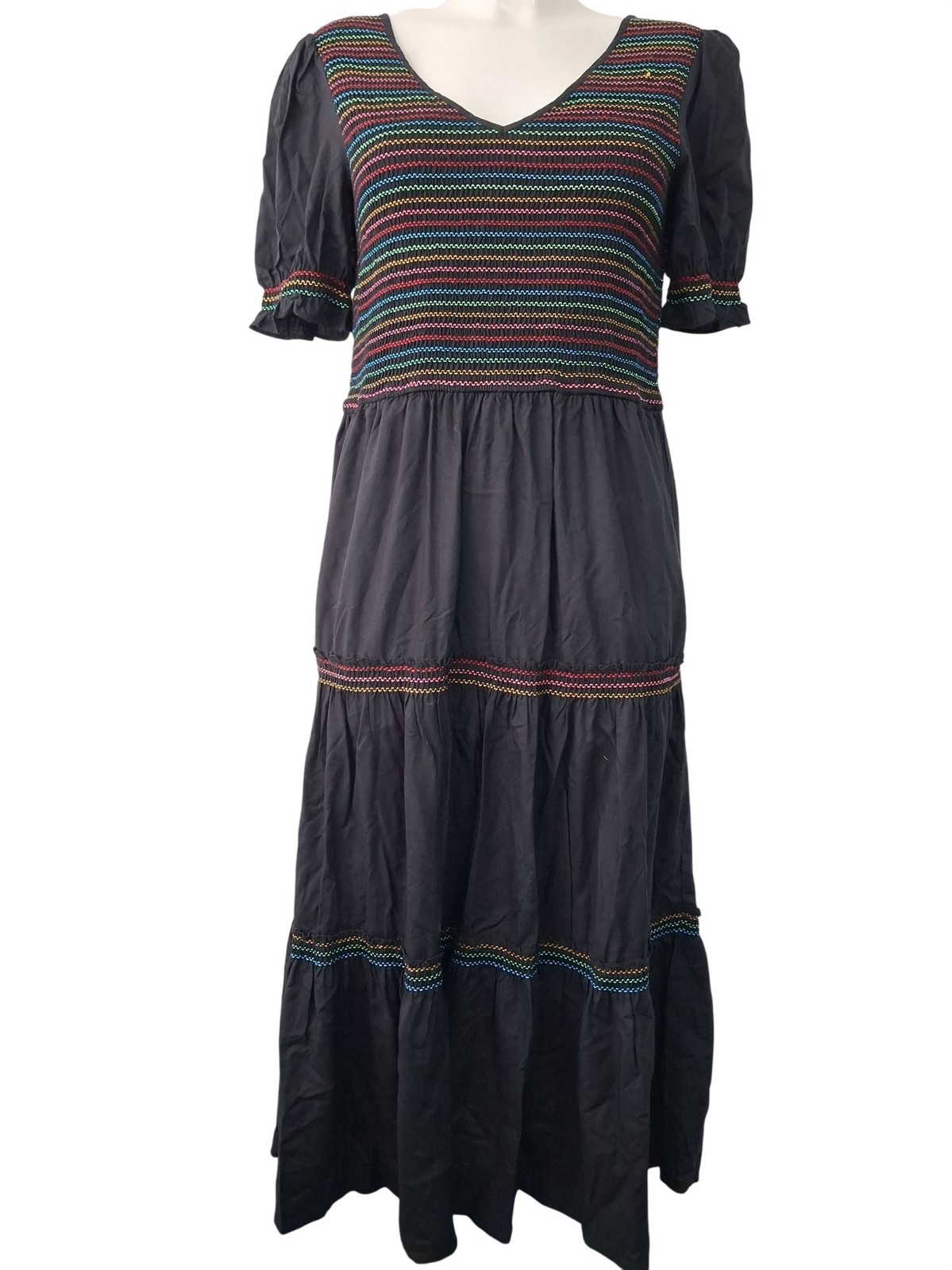 Sugarhill Rainbow Stripe Smocked Midi Dress Women’s Black Size 12