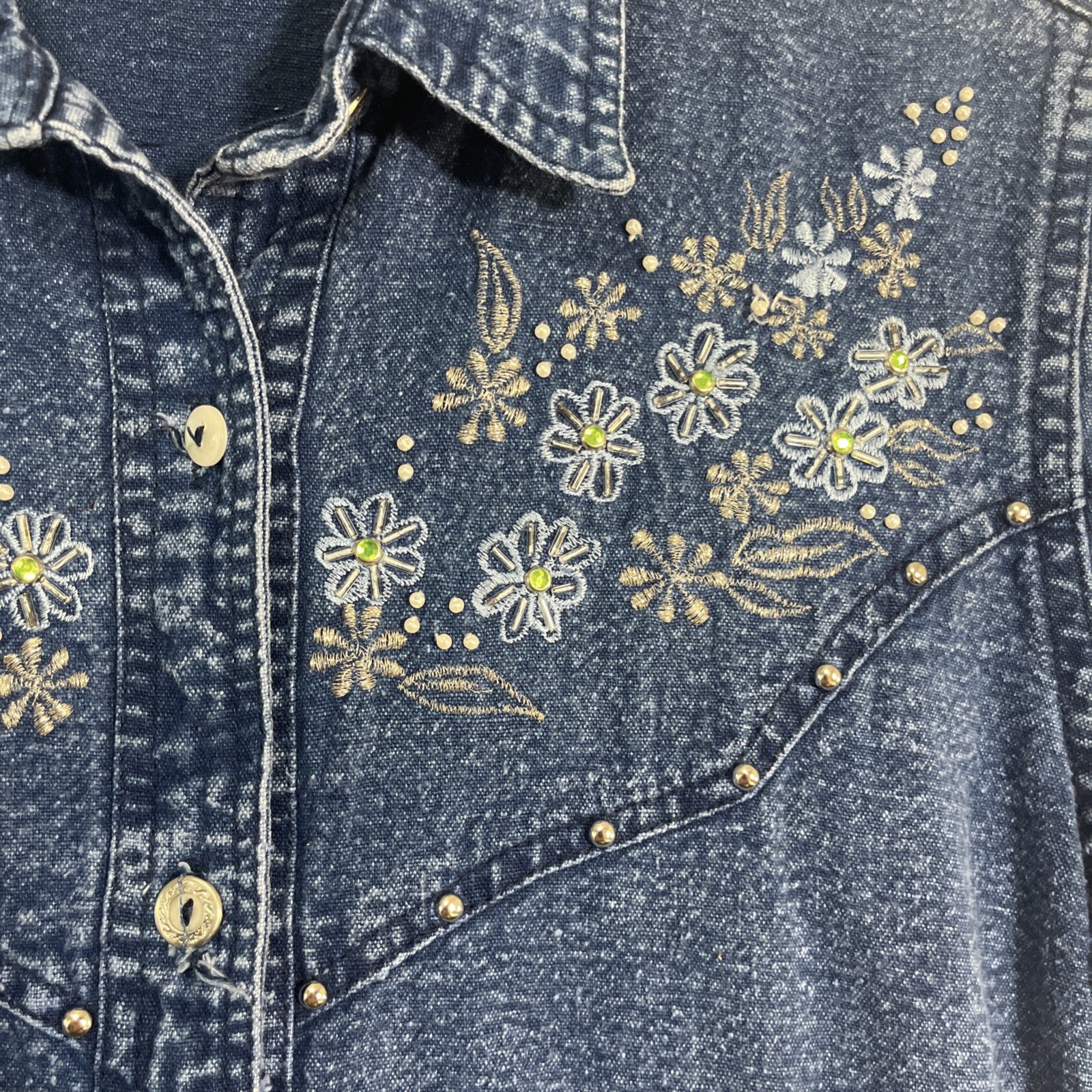 JANE ASHLEY Denim Dress M/L Pockets Floral Embroidered Cottage Peasant 90s VTG