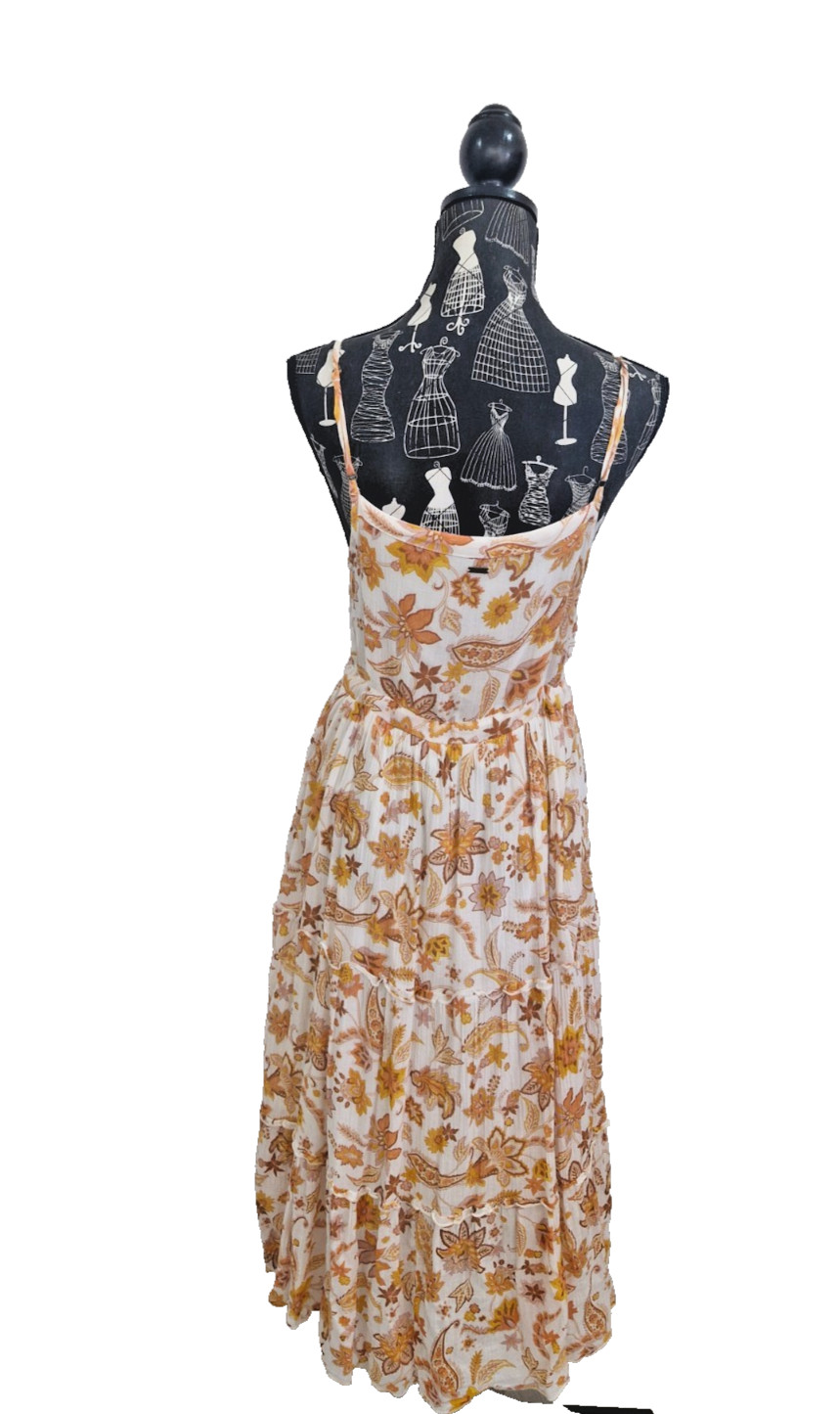 Ghanda Cotton Midi Dress Womens S White Orange Floral Button Tie Waist