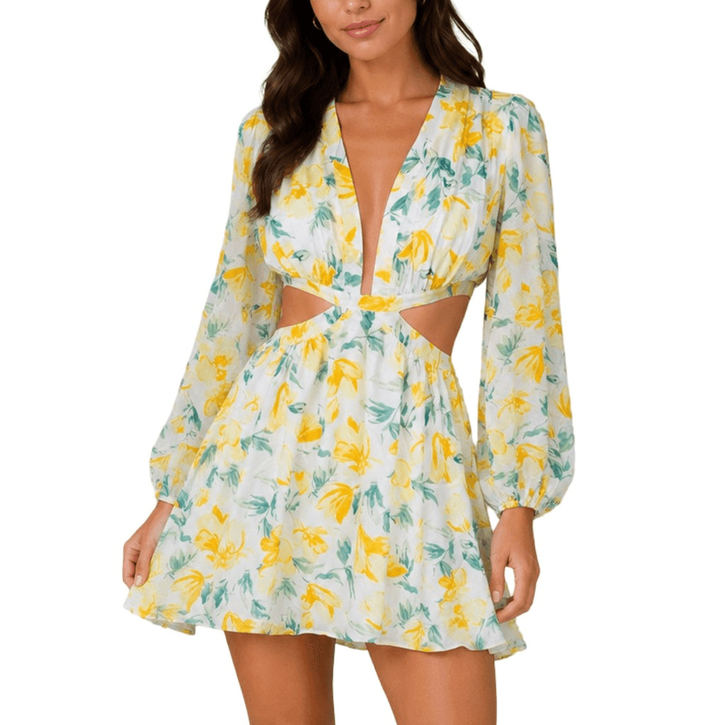 Sky to Moon Yellow Floral V-Neck Cut-Out Dress Size Medium Mini Elastic Waist