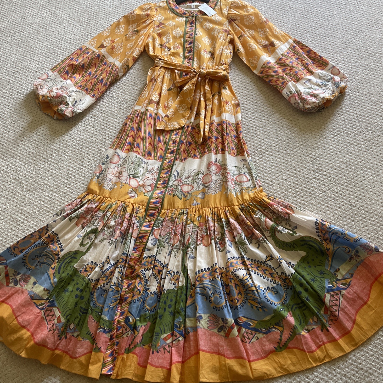 A Loves A Border Print Mandarin Collar Maxi Dress Sz XS Boho Hummingbird Bird