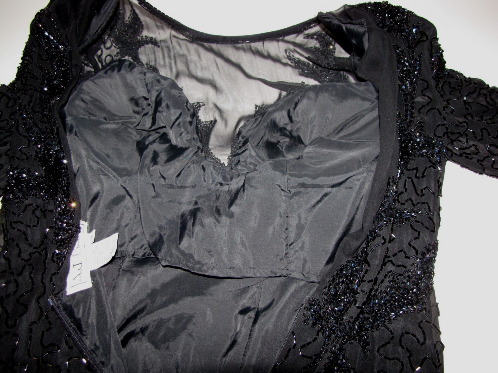 Vtg AJ. BARI Beaded & Sequin Silk Black Formal Maxi Gown Diagonal-hem Wm. 10