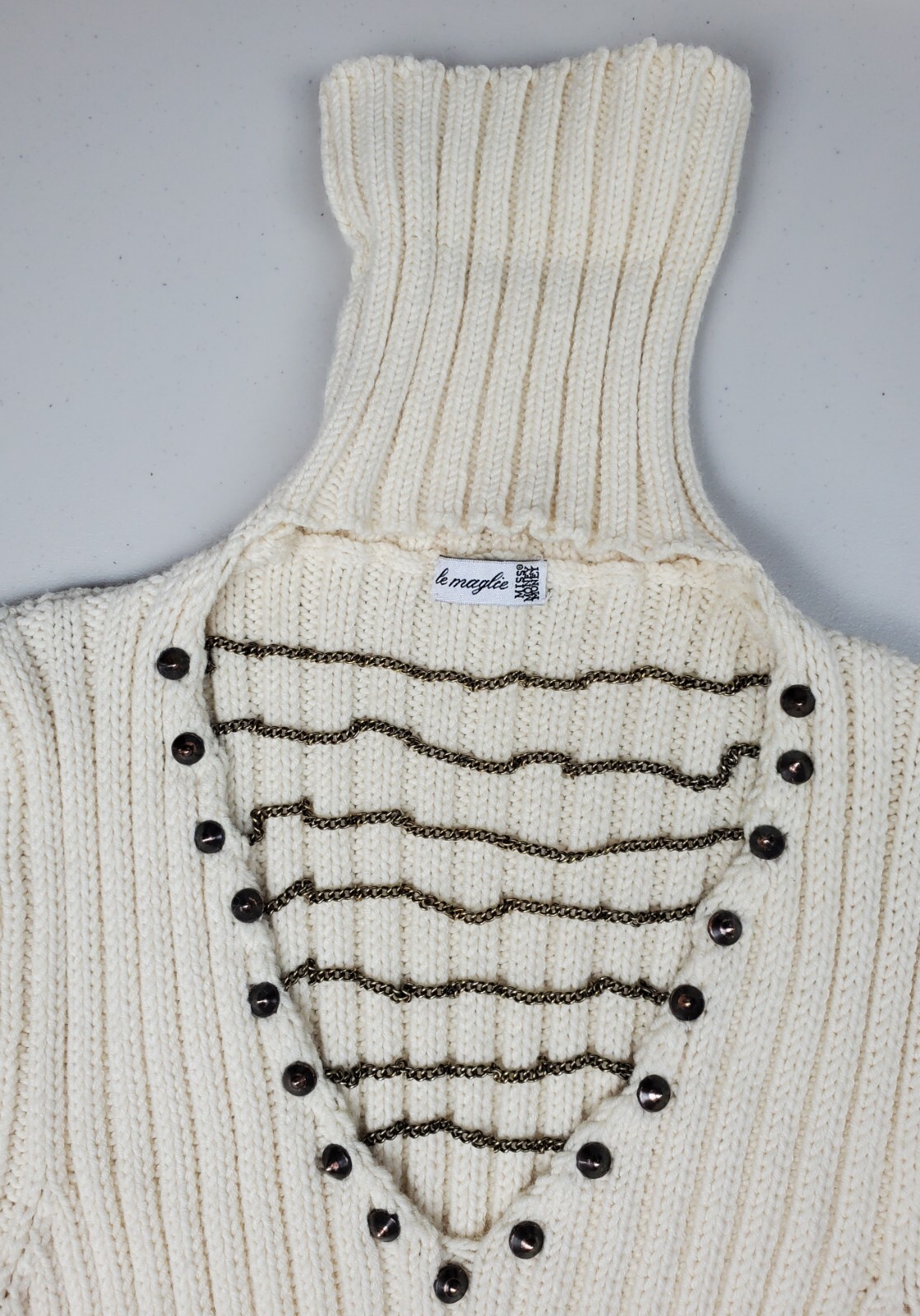 White Cream Cable Knit Turtle/V-neck Chain Thick Bodycon Sweater Dress Size M