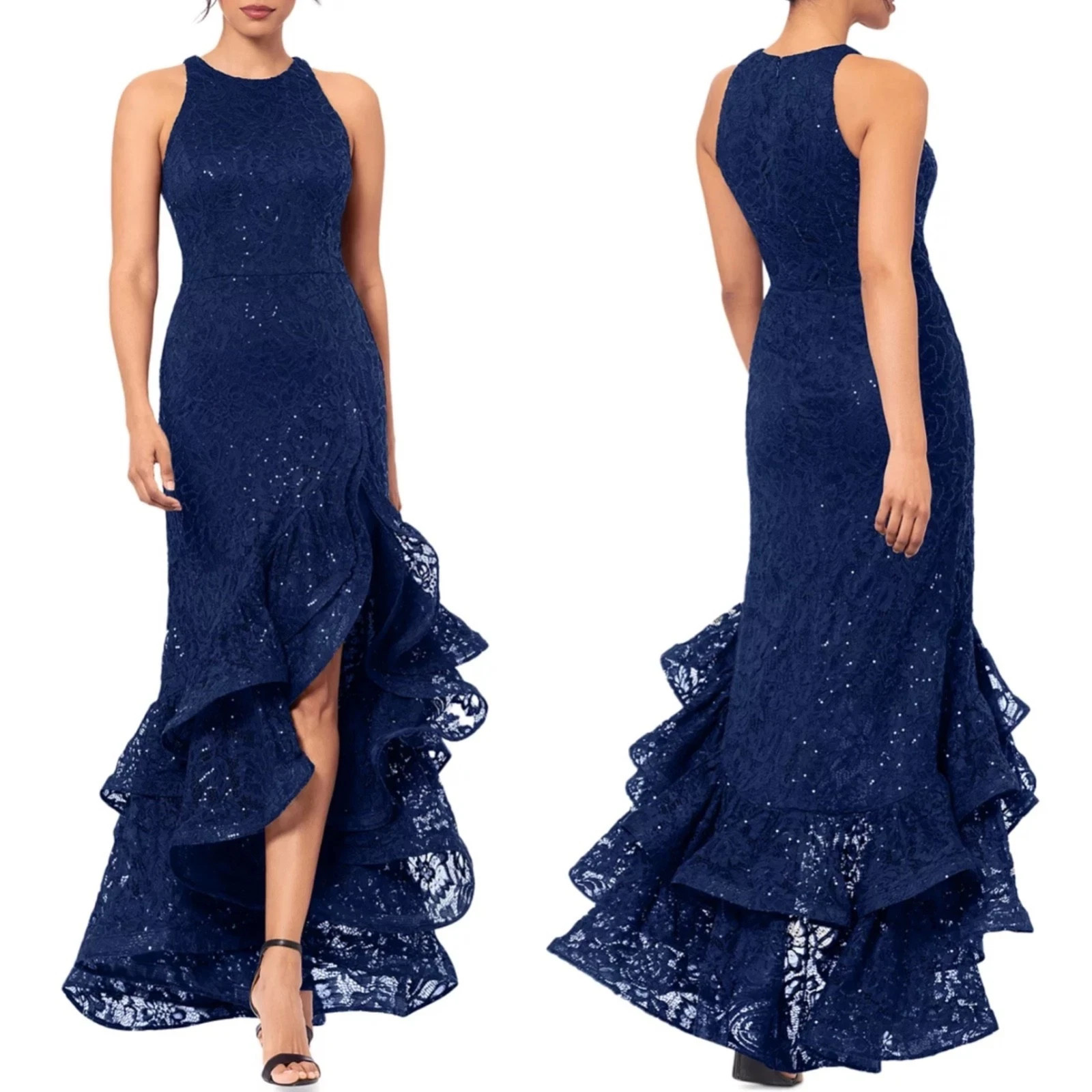 Betsy & Adam Women’s Blue Sequined Lined Sleeveless Lace Ruffle Gown Size 4 $295