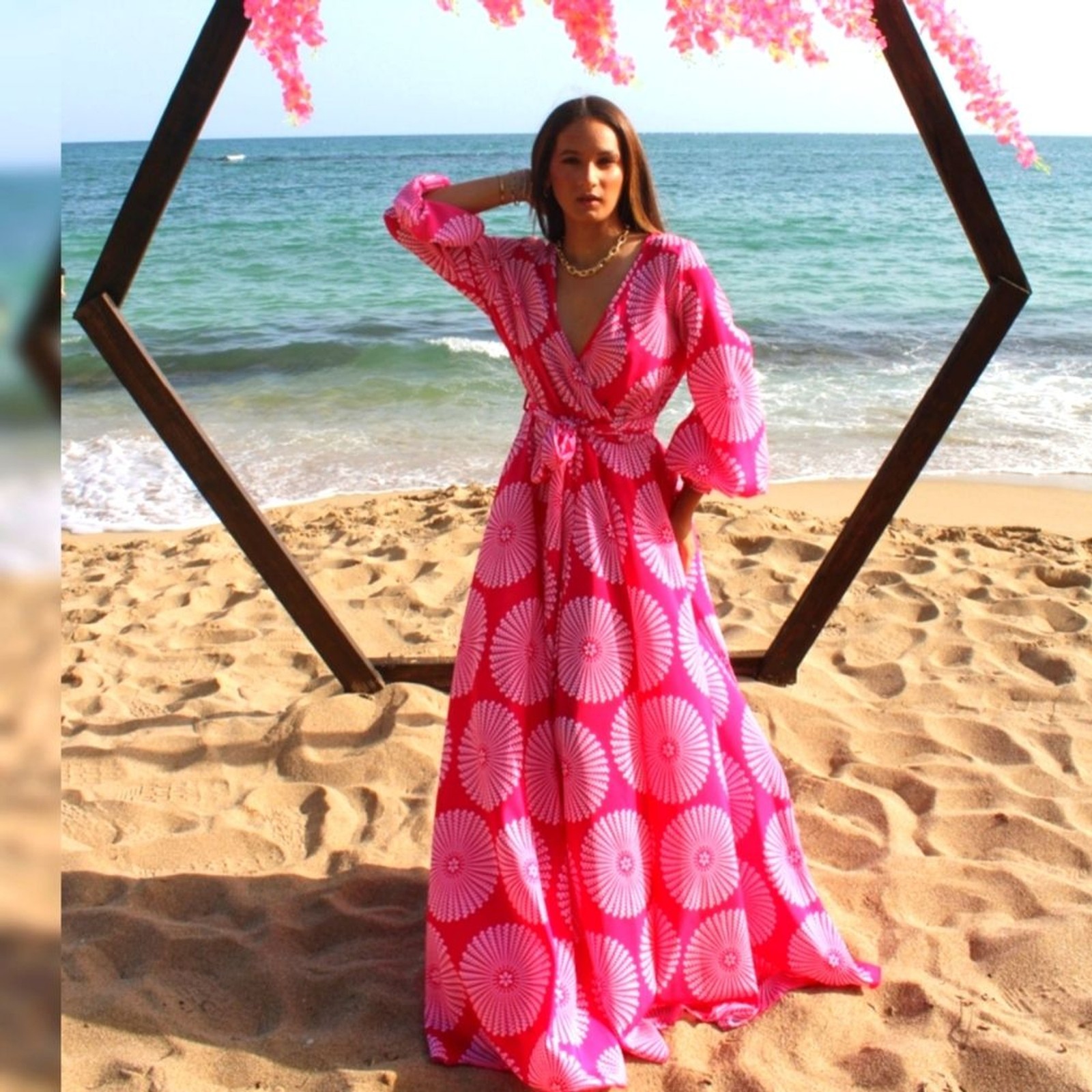 VTG Made In USA Rose Pink Surplice Maxi Dress Sz L Circle Floral Cottagecore