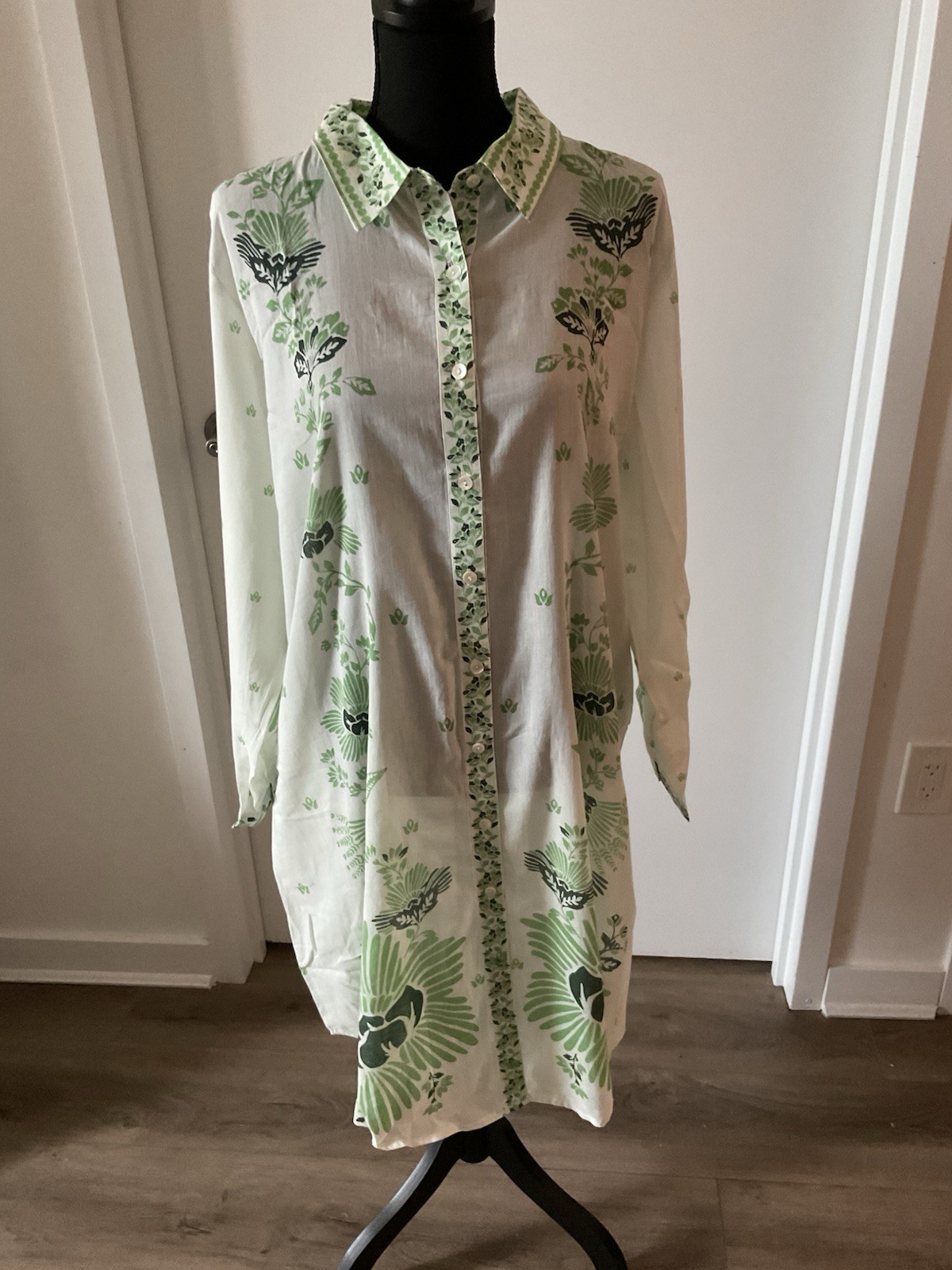 Haute Hippie Style Green White Botanical Bird Print Button Up Shirt Dress L