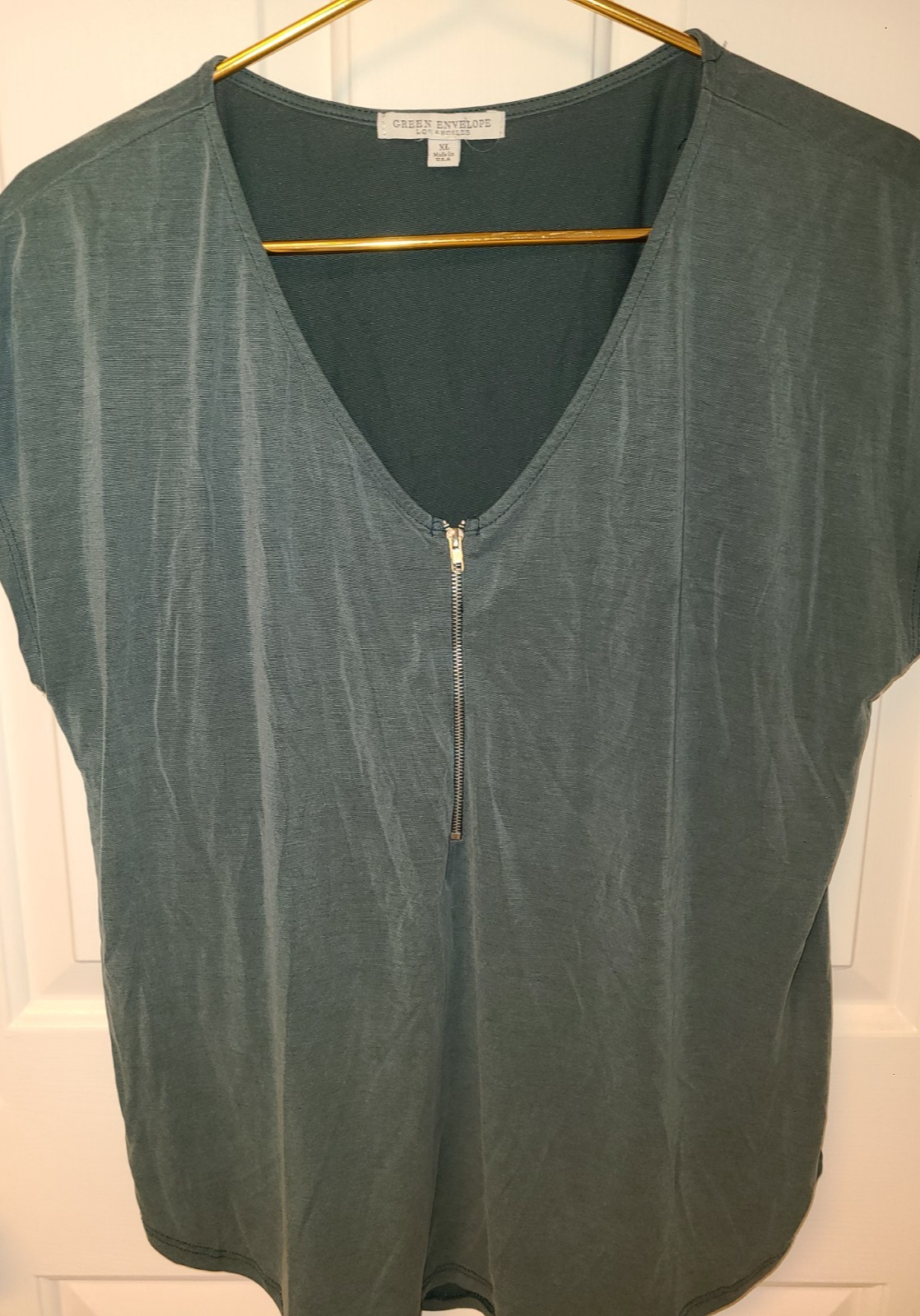 GREEN ENVELOPE Los Angeles Olive Green Zip front, Lagenlook, Silky Feel sz Med