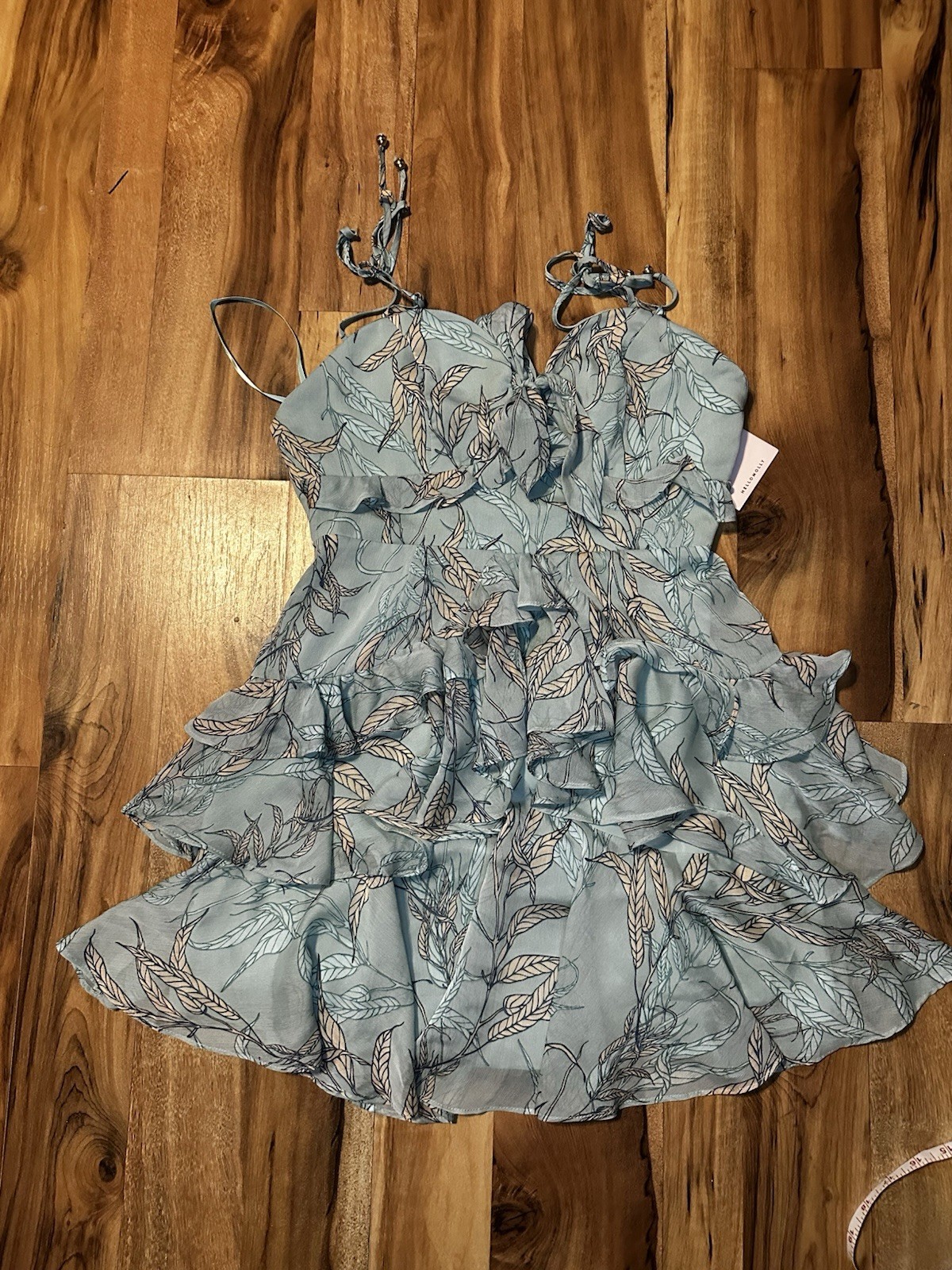 Hello Molly NWT Mint Leaf Print Ruffle Mini Dress Tie Strap Fit & Flare US 6