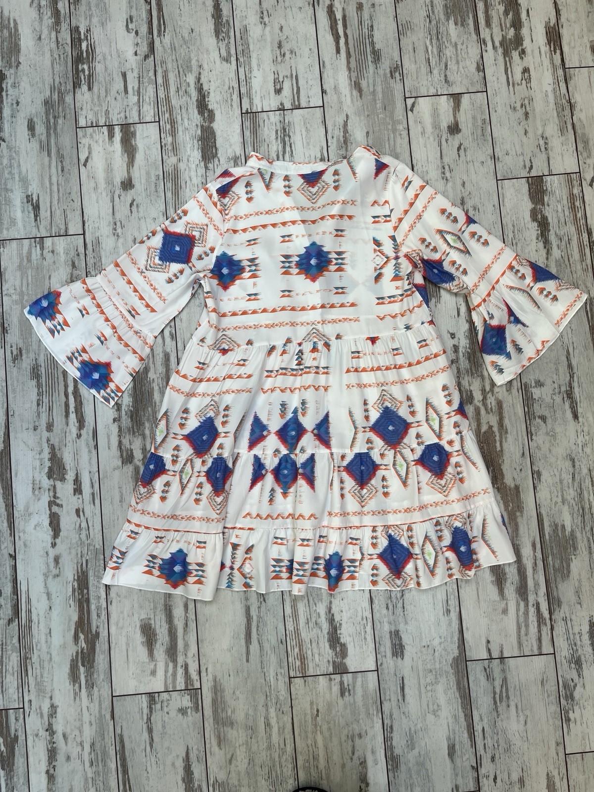 Boho Geometric Tribal Print Tiered Dress V-Neck Bell Sleeve Womens Medium NWOT