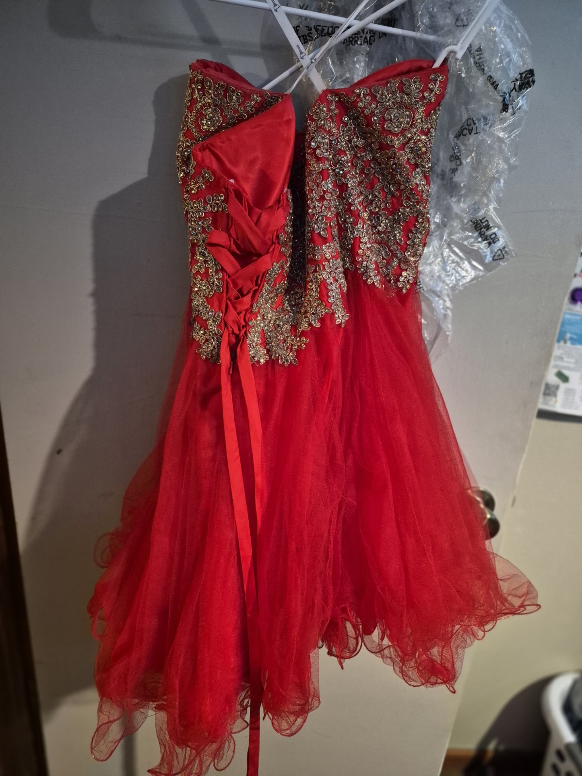 Strapless Sweetheart Corset Fit & Flare Dress XL Red/Gold Beaded Tulle