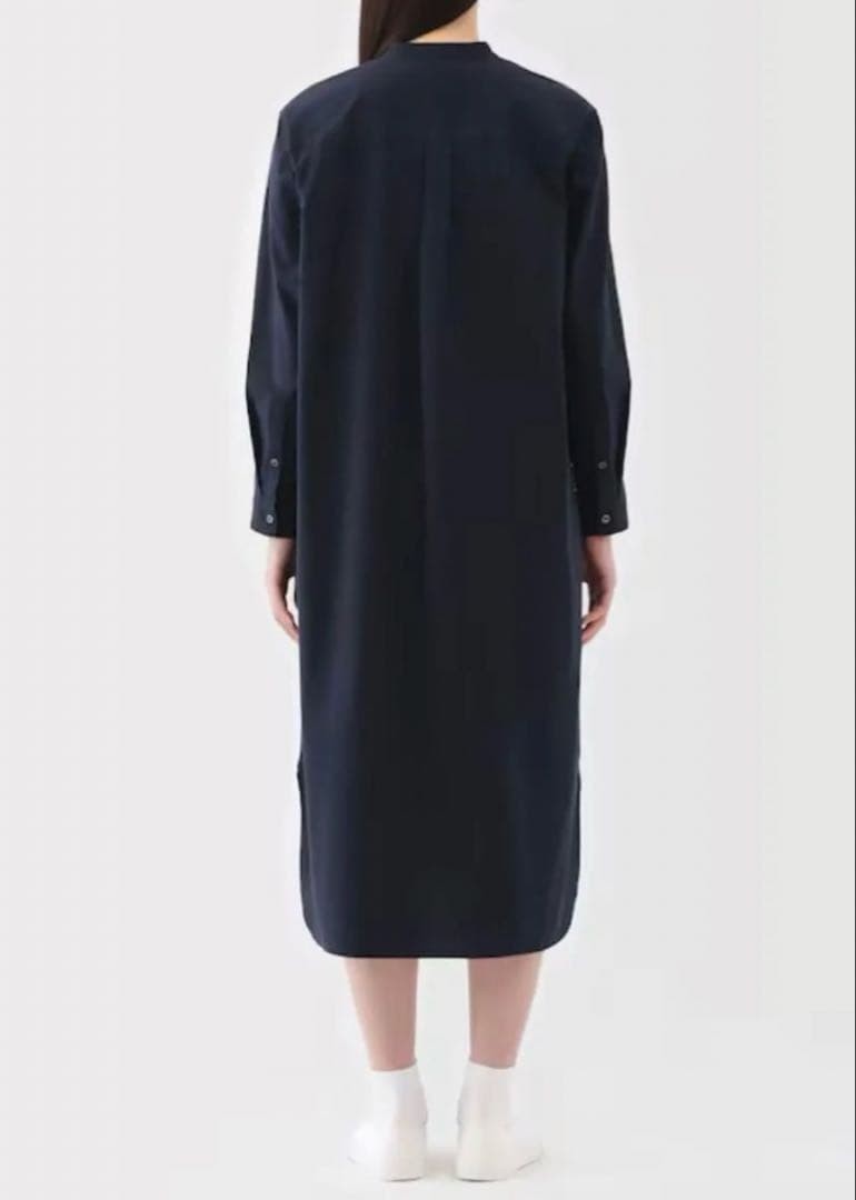 MUJI Washed Broad Stand Collar Long Sleeve Dress Dark Navy XS