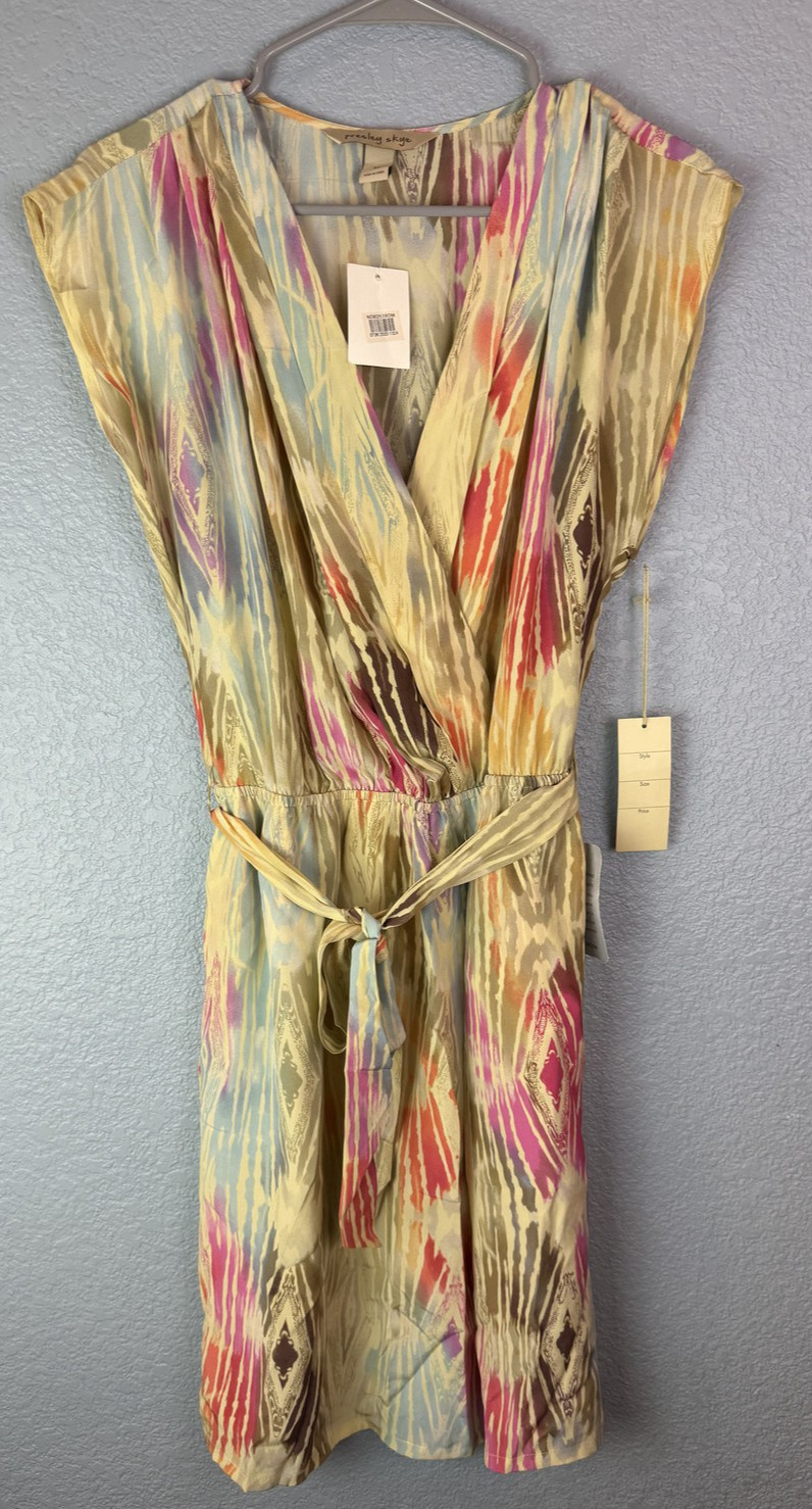 Presley Skye Dress Womens Medium Maize Green Silk Ikat Print Belted Lined NWT