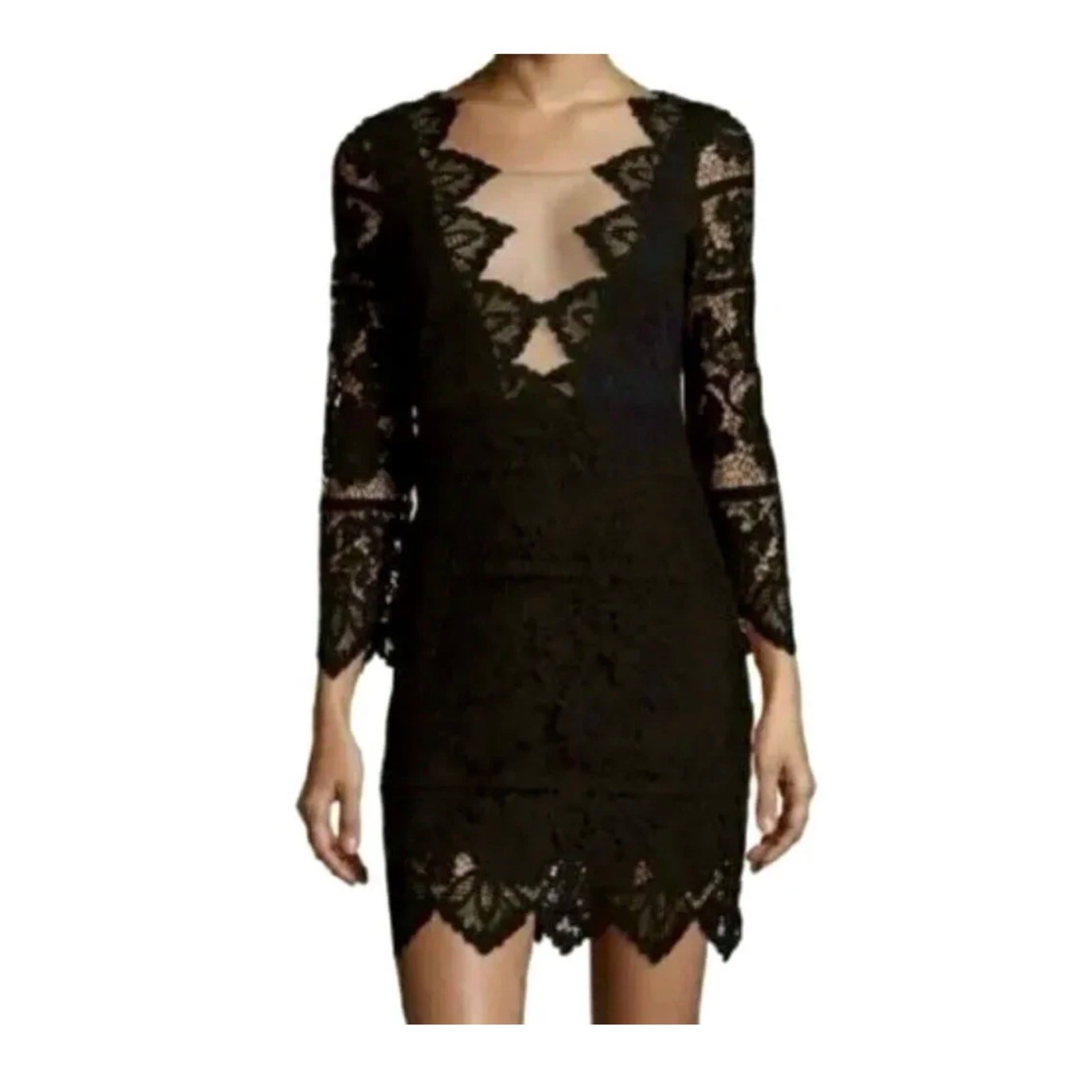 For Love & Lemons GUC Black Lace Noir Mini Dress L Nude Mesh Cutout Long Sleeve