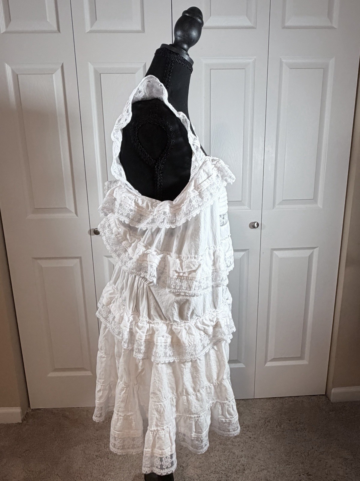 White Lace Ruffle Tiered A-Line Knee Dress Sleeveless Square Neck Open Back L