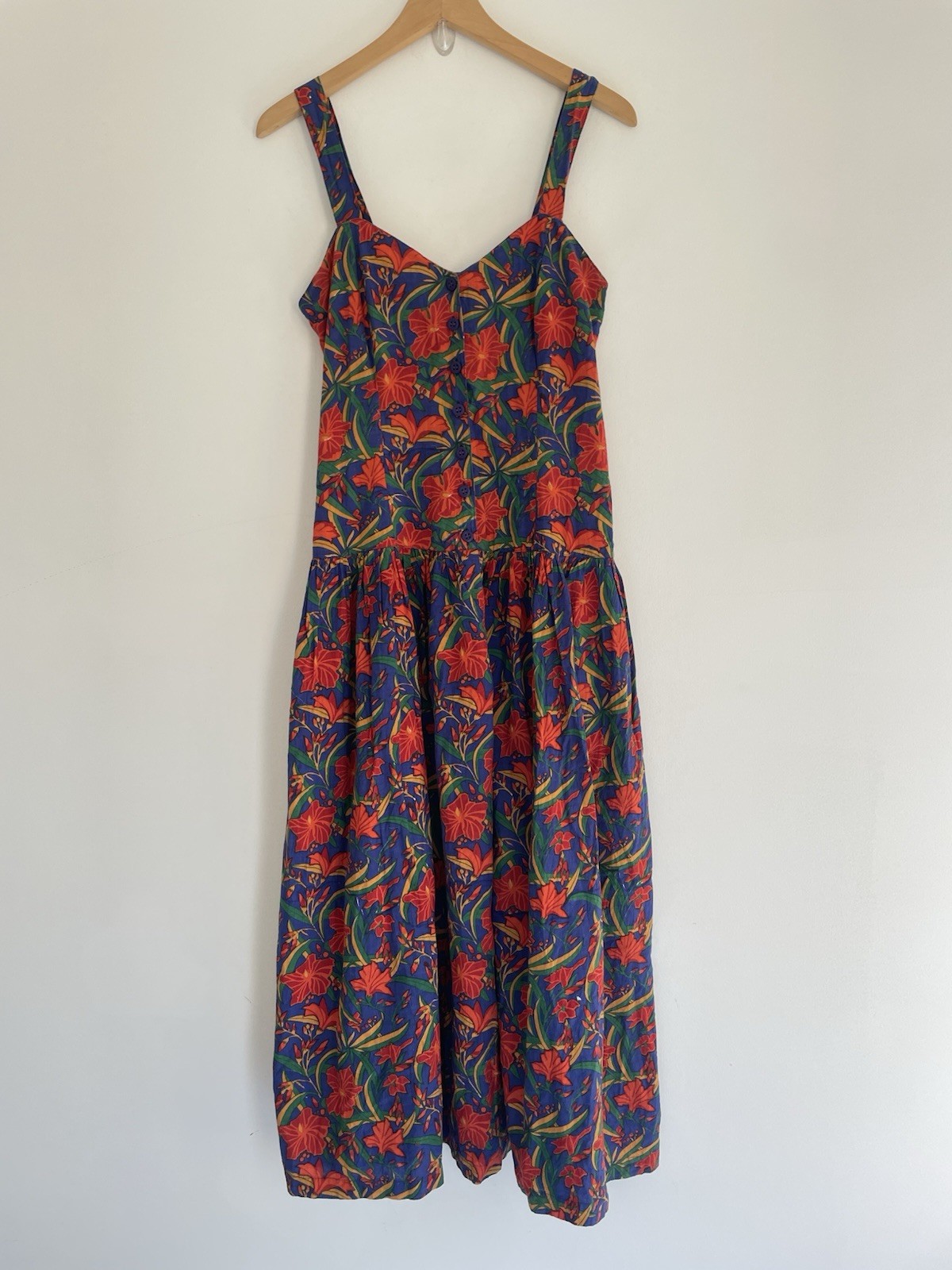 Vintage Anokhi Midi Dress Sz 12 Floral Block Print Indian Cotton Blue Multi