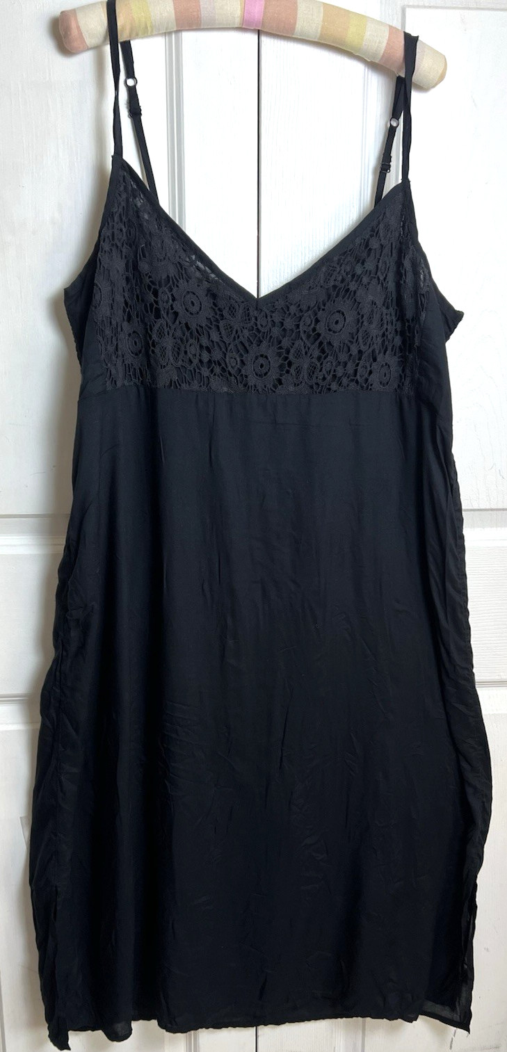 Anthropologie XL Crochet Lace Bodice Slip Little Black Dress Smocked Back Midi