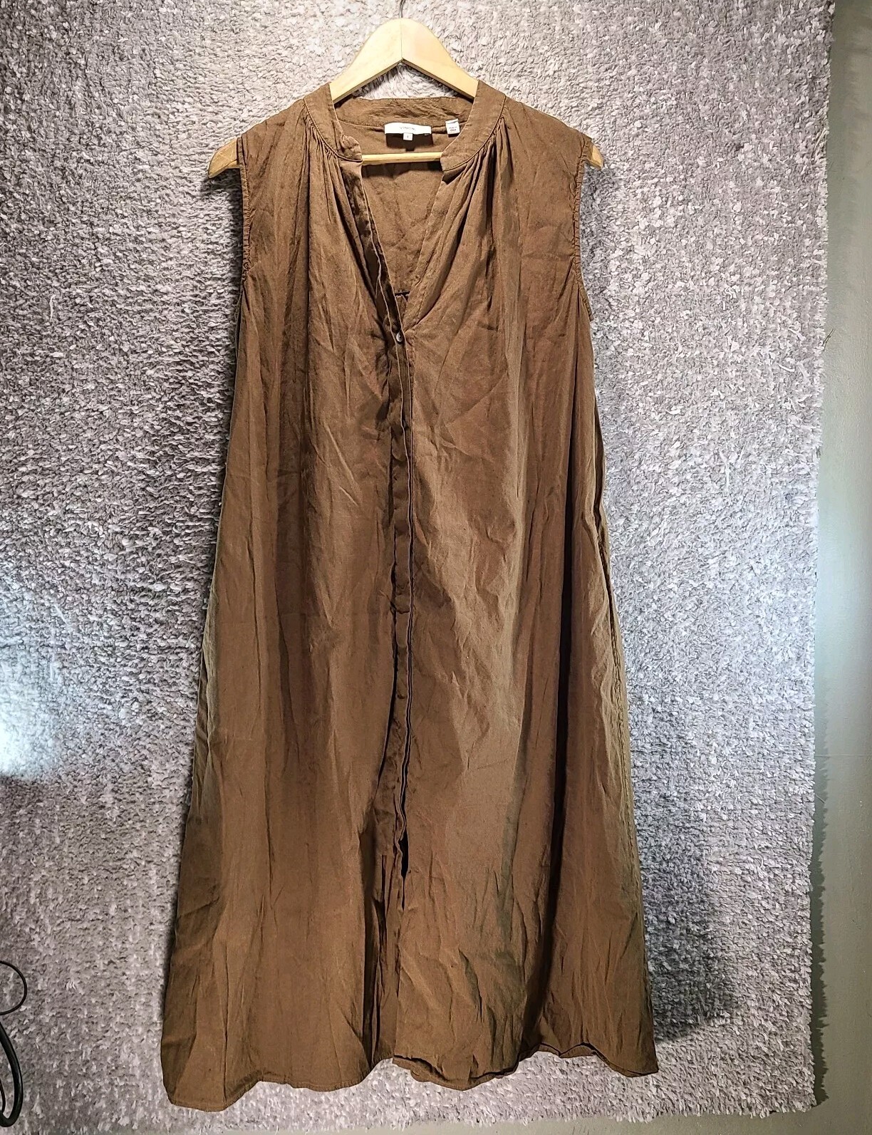 Vince Button Up A-Line Midi Dress Brown Linen Blend Pockets S Preppy Bohemian