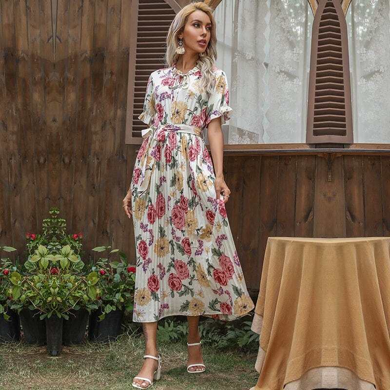 Ruffle Neck Pleated Dress