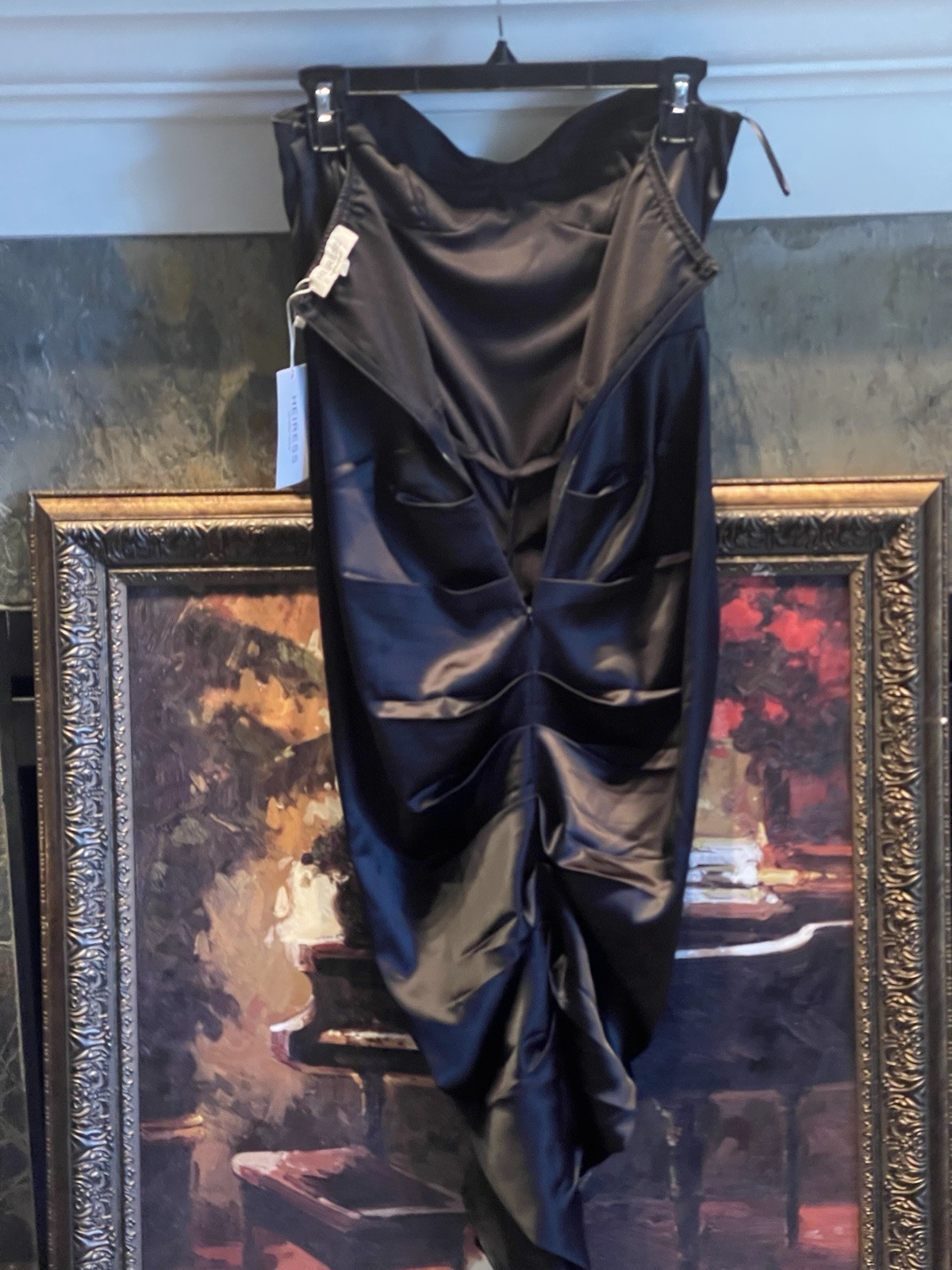 HEIRESS Beverly Hills Black Satin Rouched Midi Dress Corset Size US Medium NWT
