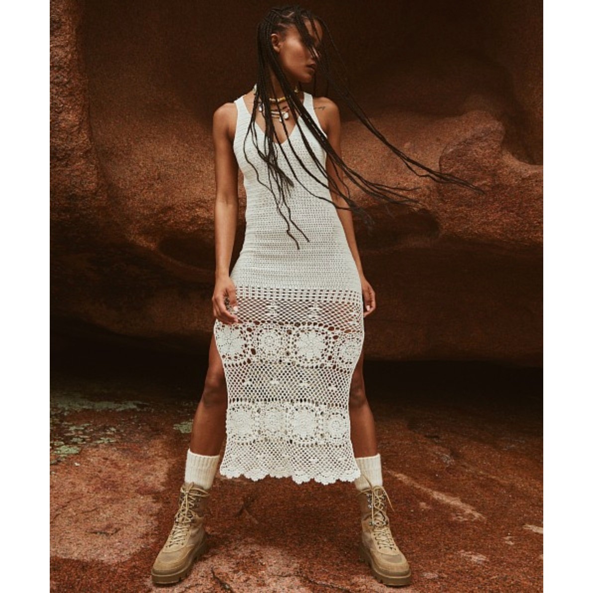 Spell & The Gypsy Let The Sunshine In Crochet Maxi Dress Cream Boho V-Neck M