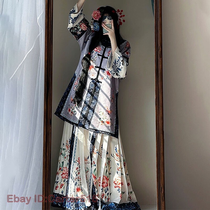 Qing Dynasty Retro Chinese Costumes Dress Floral Printing Womens Hanfu Dress New