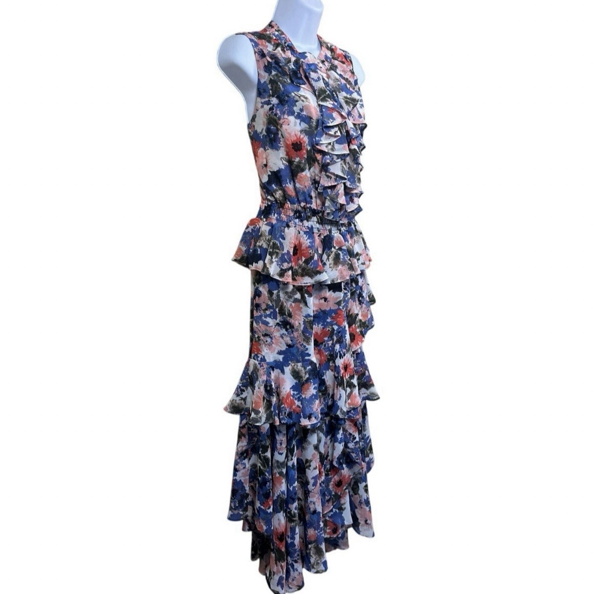 MISA LA Ilysa Tiered Ruffle Maxi Dress L Floral Sleeveless Cottagecore Old Money