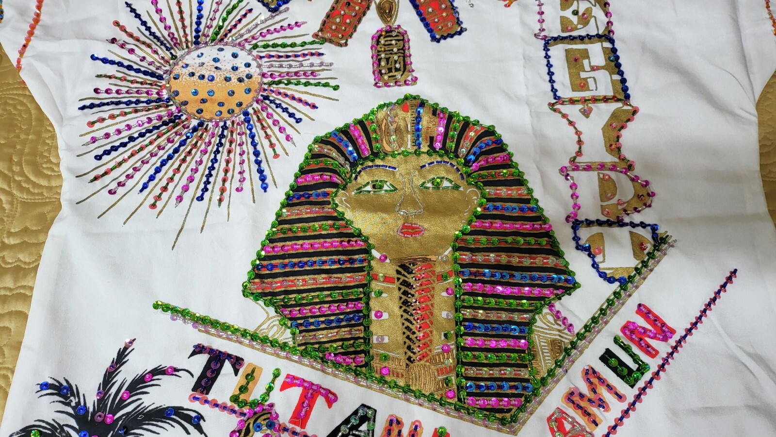 Handmade Egyptian Beaded Sequins Tut Ankh Amon White Kaftan Dress Galabia M. L.
