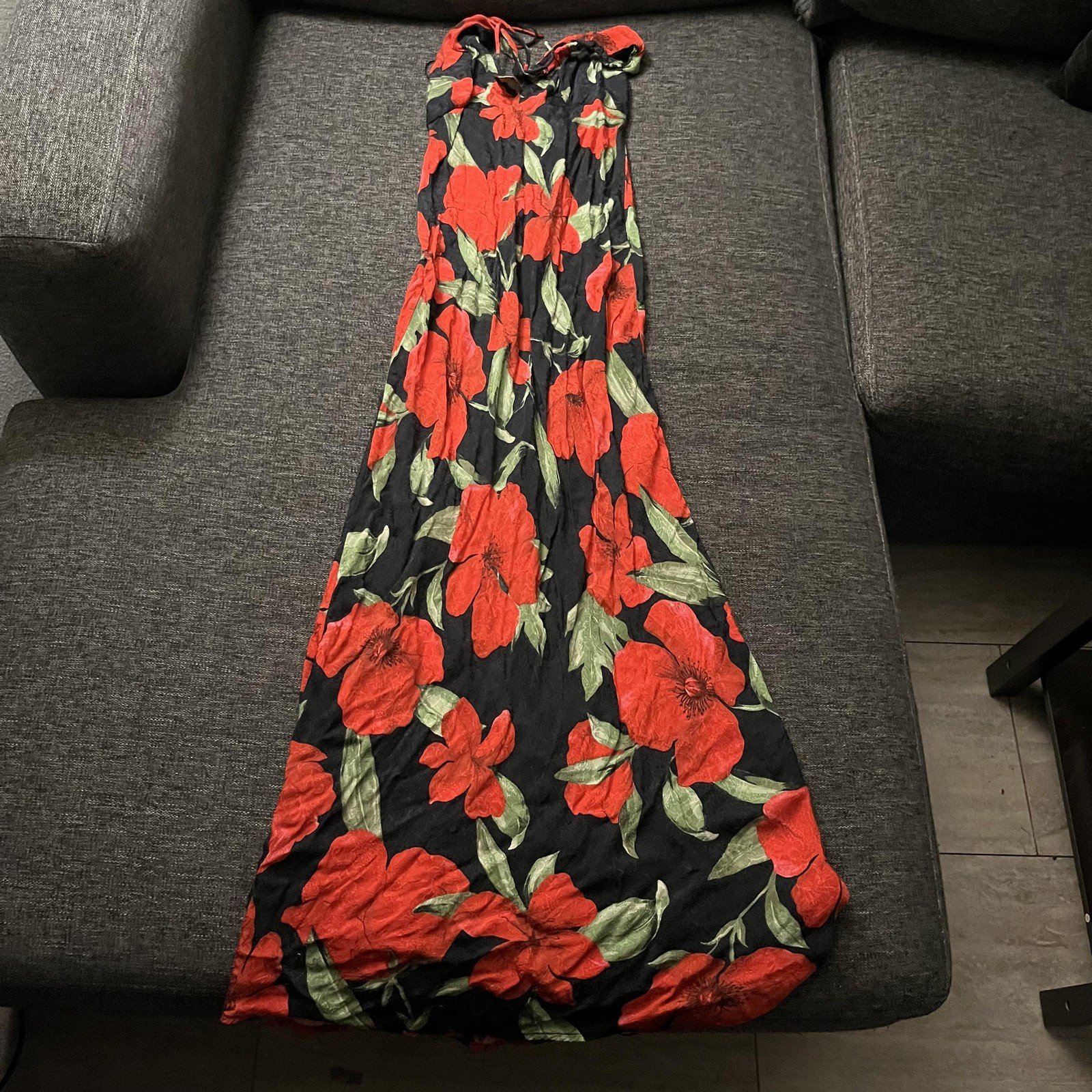 MNG Dress Womens XS Black Red Floral Halter Maxi Sundress Tropical Viscose