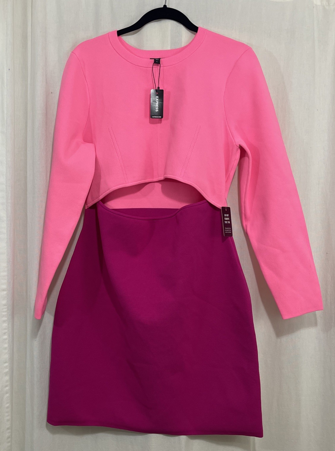 Express Body Contour Pink Cutout Bodycon Dress – Long Sleeve – Women’s XL – NWT