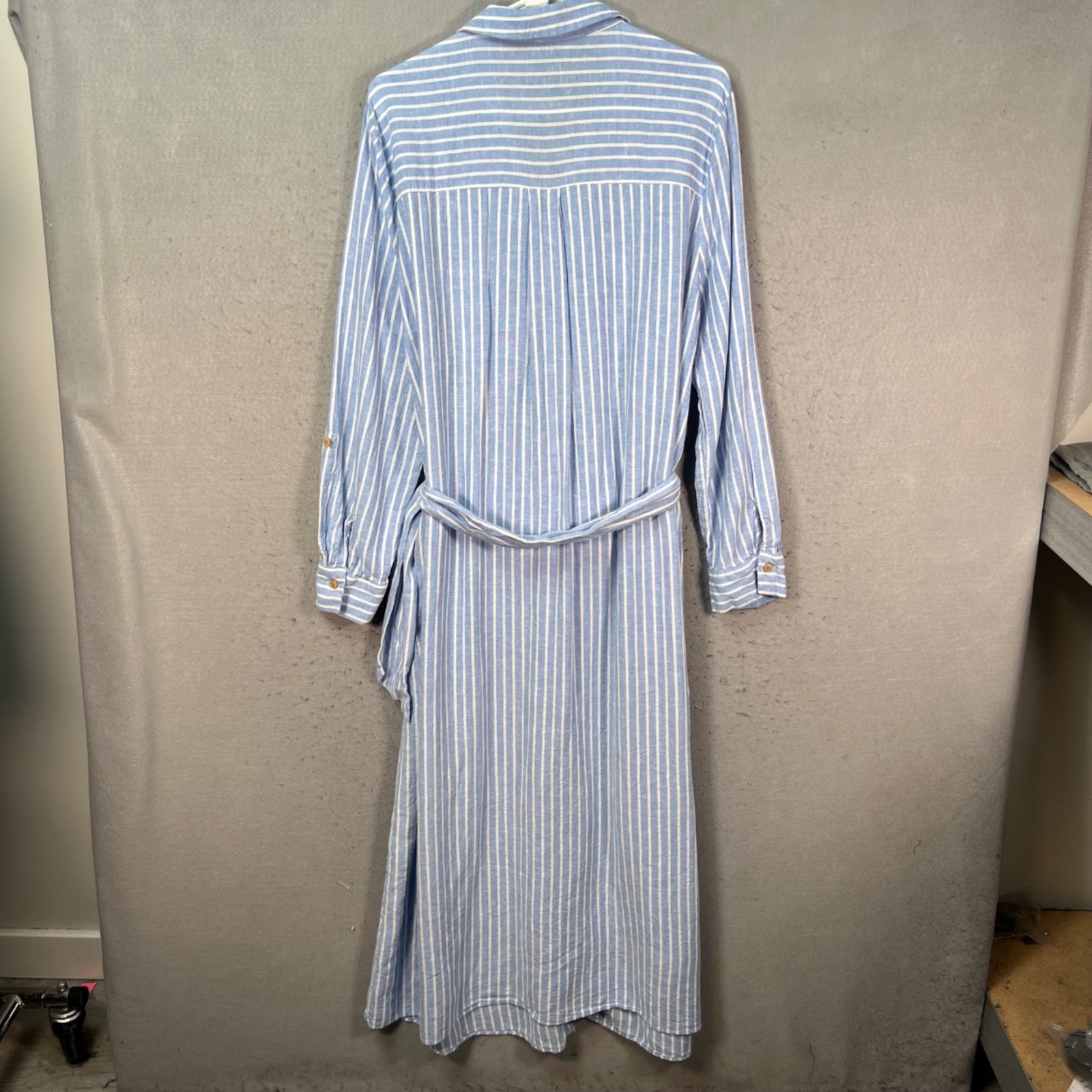 Zara Size XL Blue & White Striped Button-Down Maxi Dress w/ Waist Tie Belt