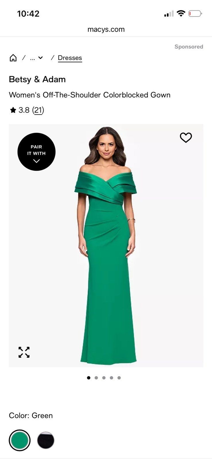 Betsy & Adam Women’s Off-The-Shoulder Colorblocked Gown NWT