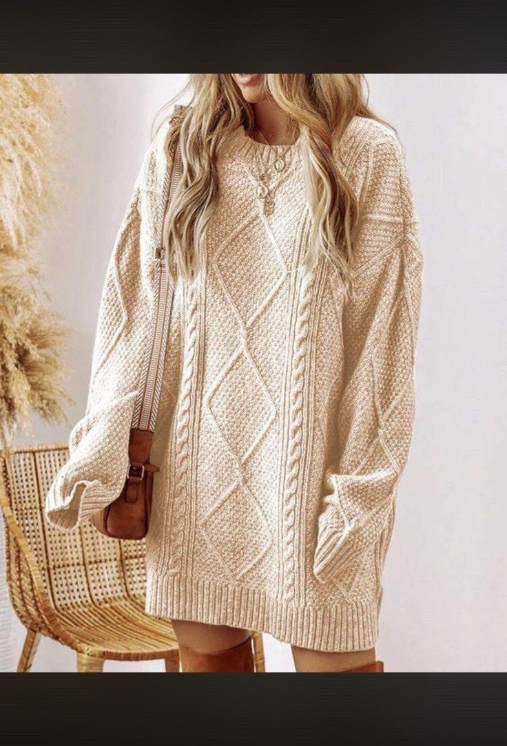 Women’s Beige Cable Knit Oversized Sweater Dress Crew Neck Long Sleeve Short L