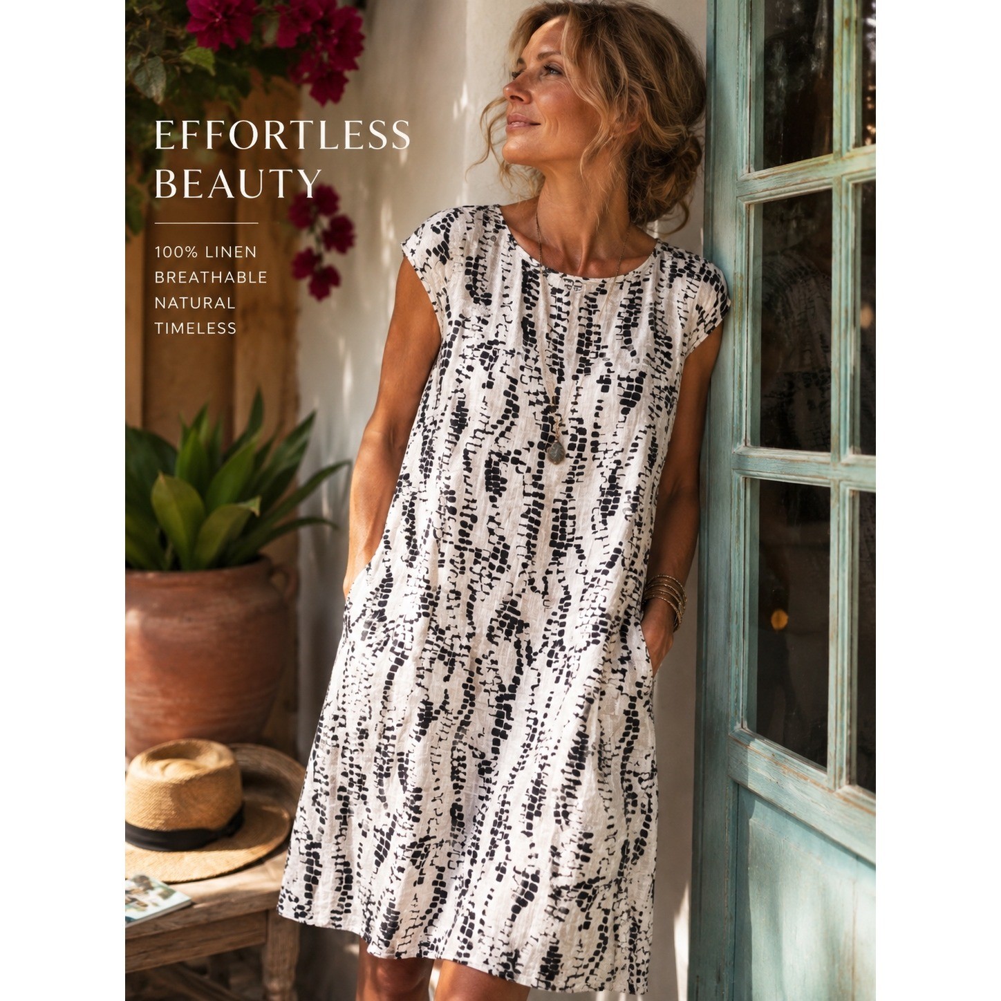 Linen Italian Dress Cream Black Print Cap Sleeve | Travel | Vacation