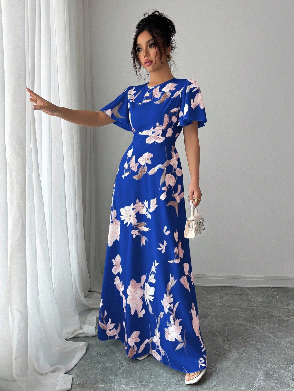 Ladies Elegant Ruffle Sleeve Round Neck Dress
