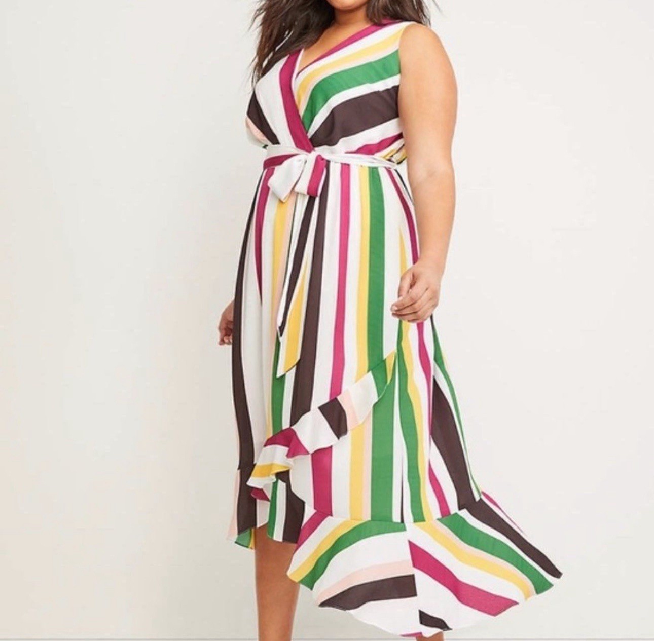 Lane Byrant Striped Faux Wrap Dress Size 28 Colorful Sleeveless V Neck Festive