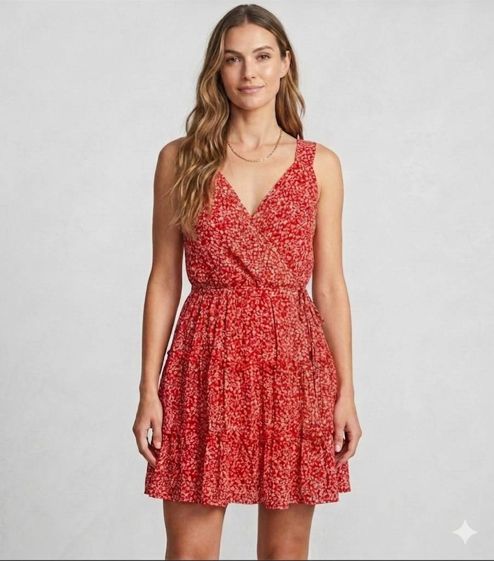 Trixxi Spaghetti Strap Tiered Ruffle Red Floral Juniors Mini Dress Size M